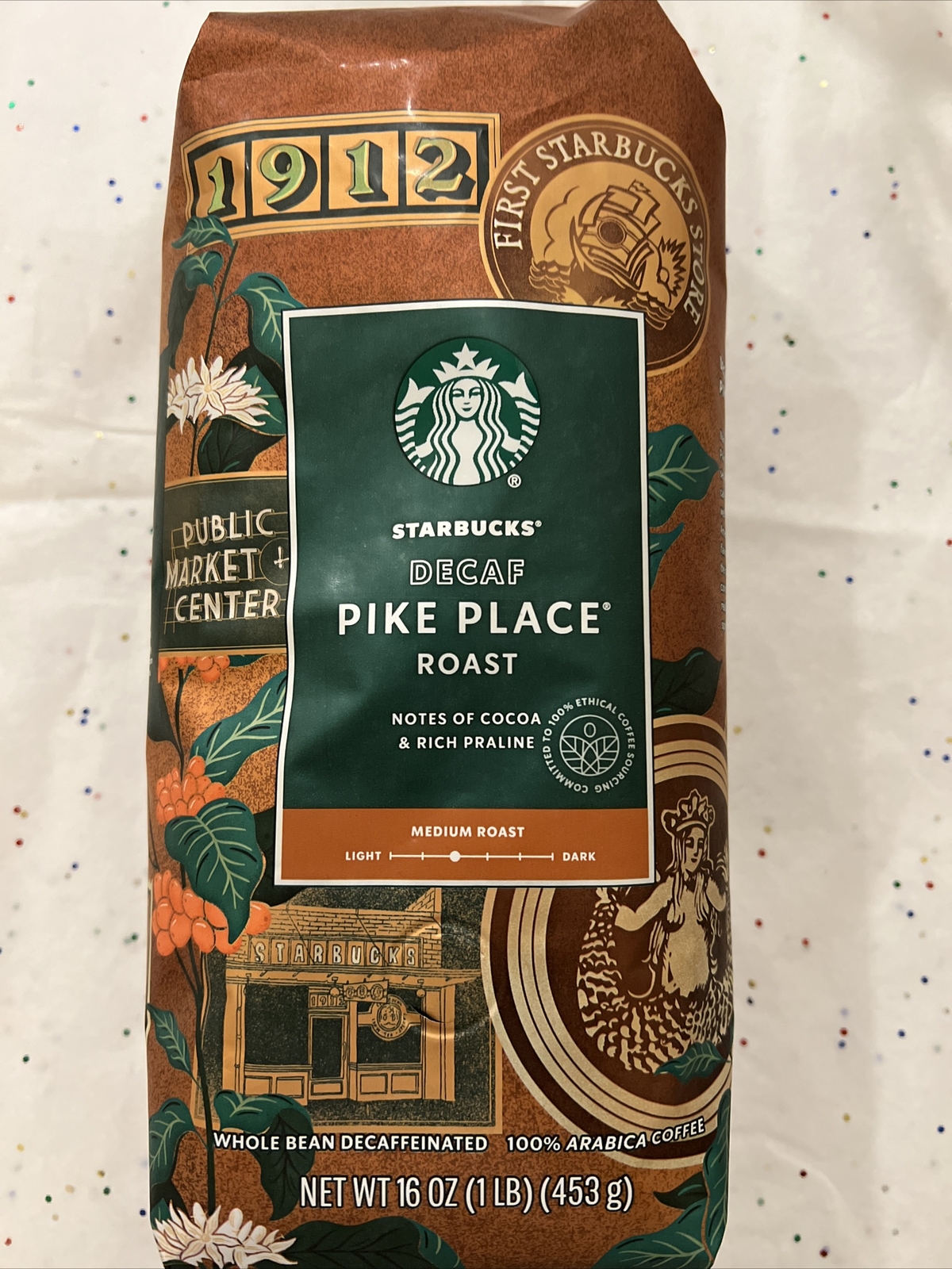 Starbucks Decaf Pike Place Medium Roast Whole Bean Coffee 1lb / 16oz / 453g Bag
