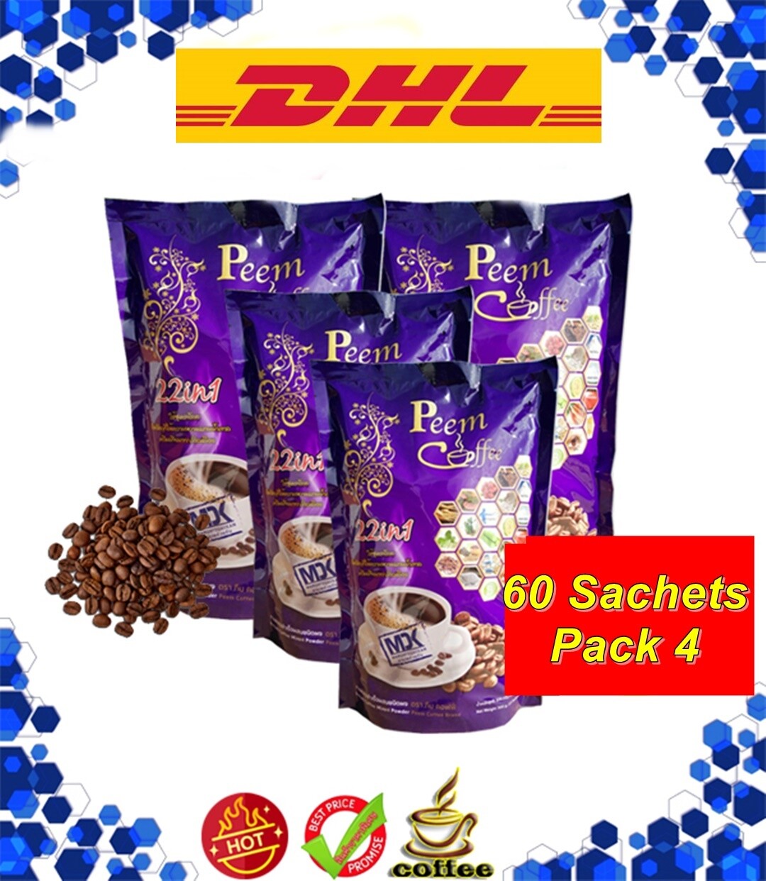 4 x15 Sachet Peem Coffee Herbs 22 in 1Instant Mix Powder Arabica for Healthy