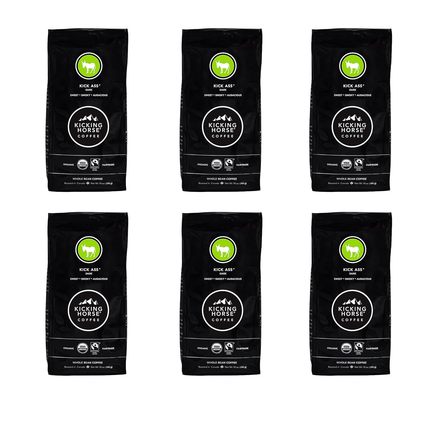 Coffee Kick Ass Dark Roast Whole Bean 6-Pack 10oz Organic Fairtrade