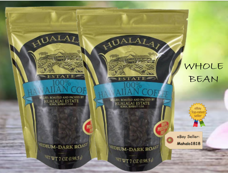 ✔️LOT OF 2 BAGS 100% HAWAIIAN COFFEE HUALALAI ESTATE Kona Hawaii 7oz WHOLE BEAN