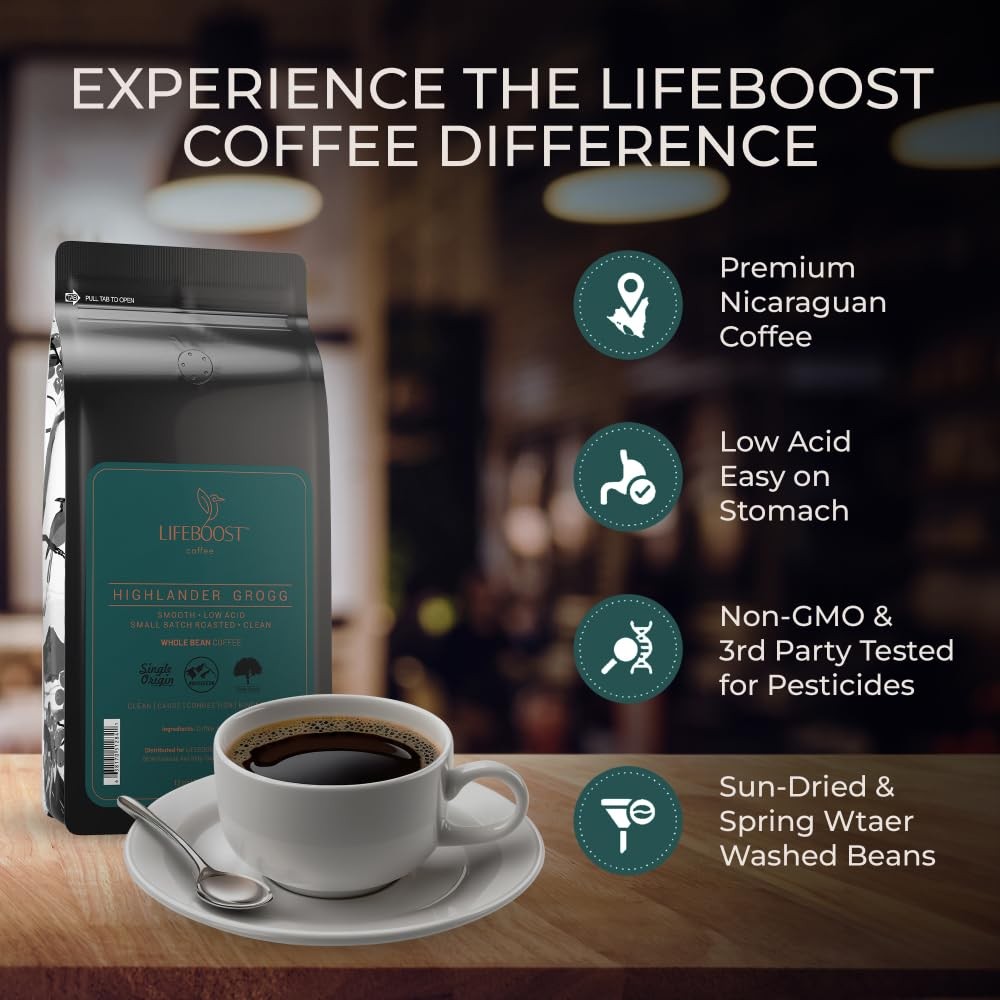 Lifeboost Highlander Grogg Whole Bean Coffee – Non-GMO Low Acid Single Origin Fl