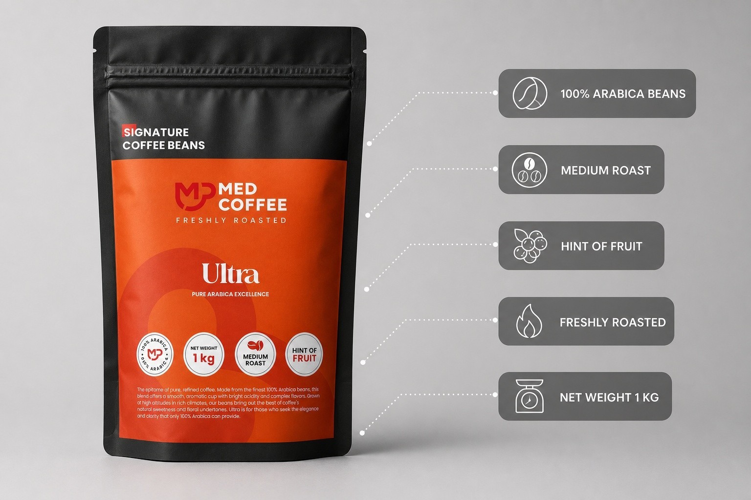 Rich Arabica coffee beans; package weight: 1 kilogram