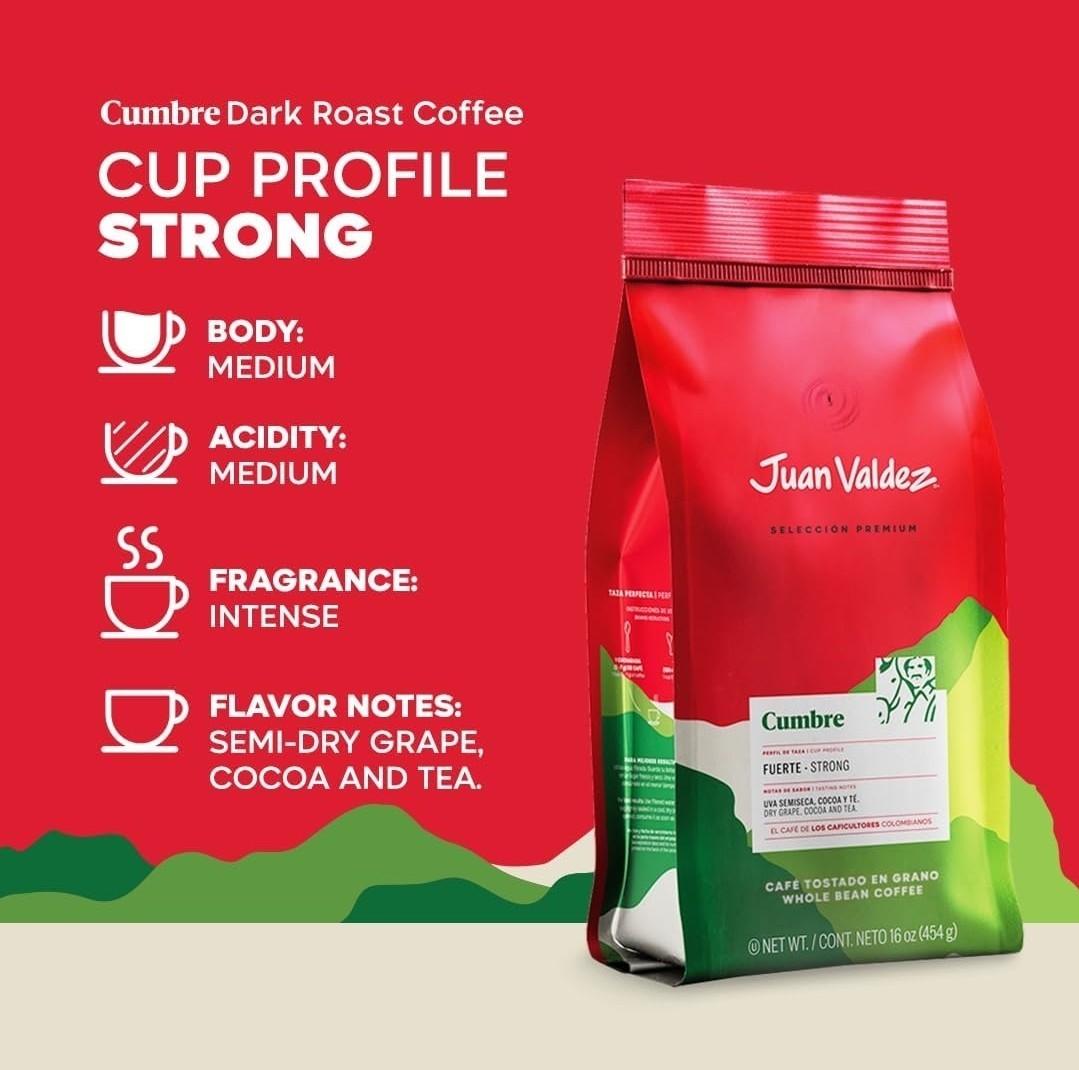 Juan Valdez Cumbre Whole Bean Coffee, Dark Roast 16 oz – Premium Colombian