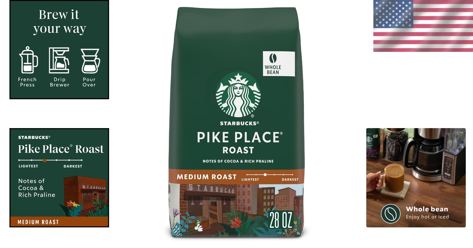 28 oz Starbucks Pike Place Whole Coffee Beans – Smooth Medium Roast with Cocoa