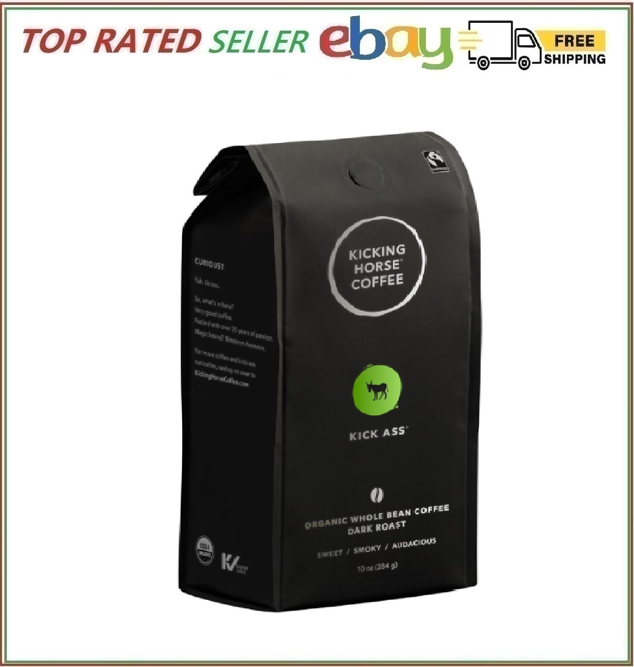 Kicking Horse Coffee, Kick Ass, Dark Roast, Whole Bean, 10 Oz