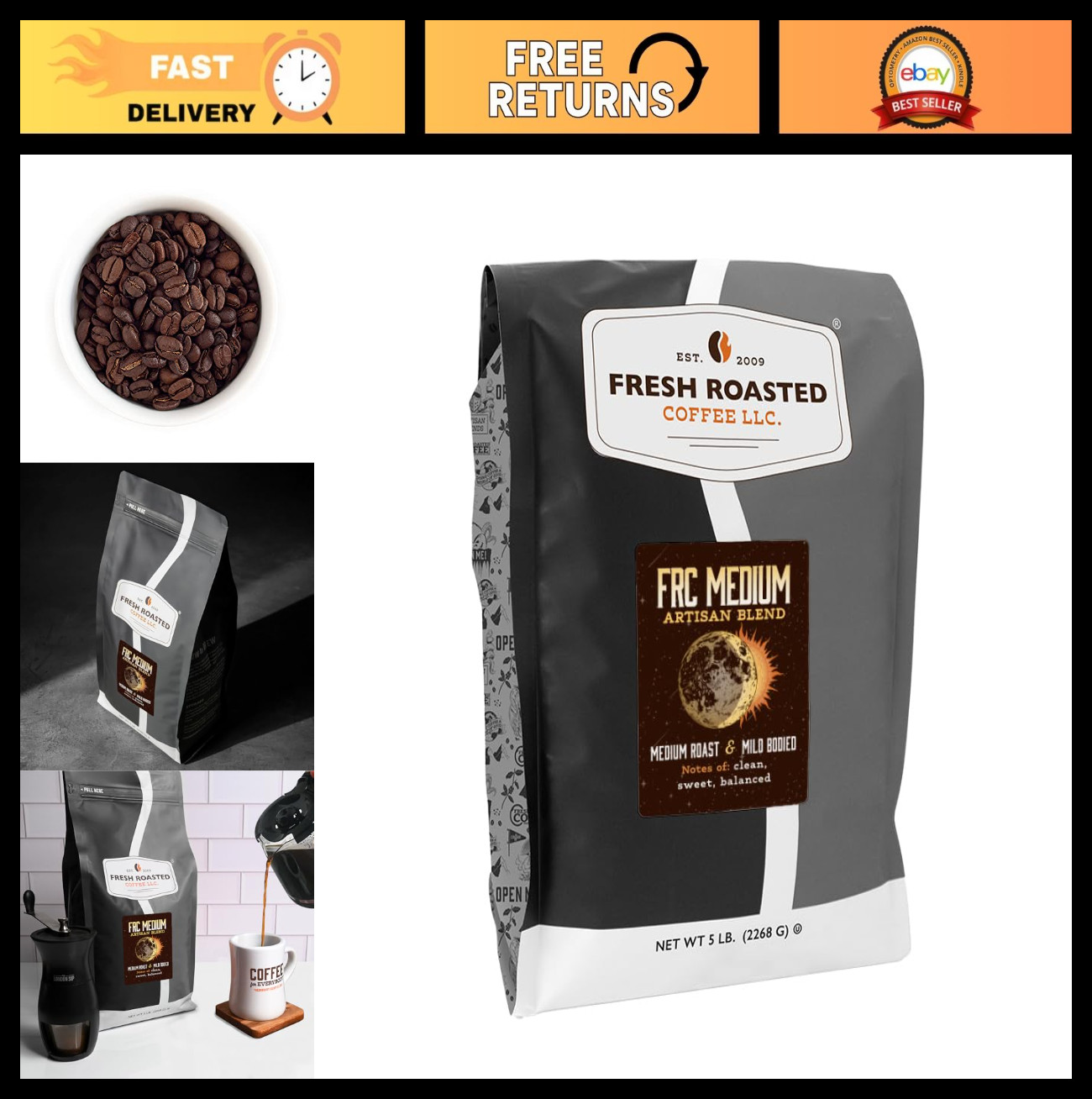 Fresh Roasted Medium Roast Whole Bean Coffee, Kosher, 5 lb Bag – Rich Flavor