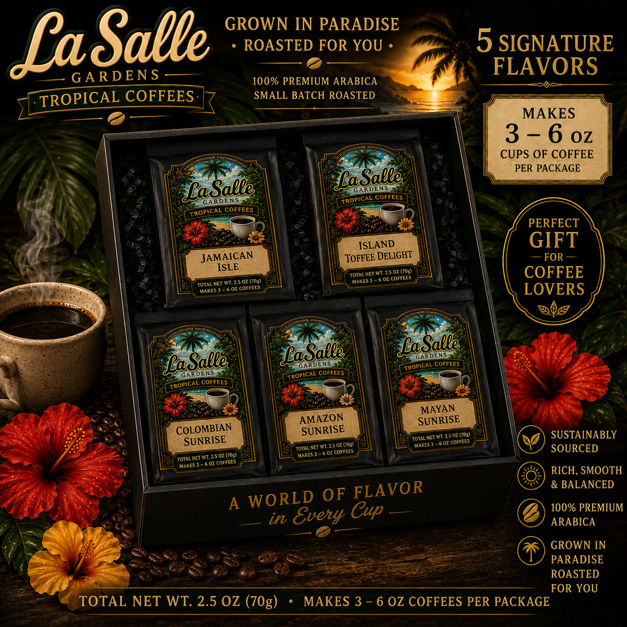 LaSalle Gardens Tropical Coffees 5 Signature Flavors Trial Sizes in Gift Box