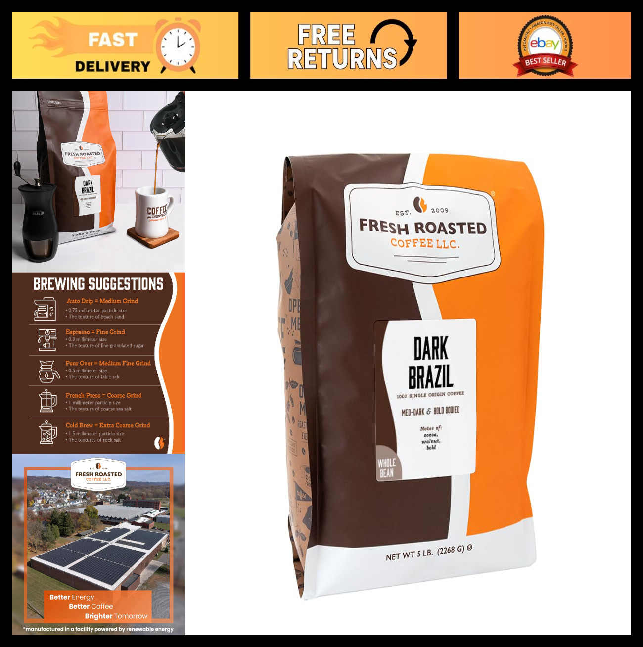Fresh Roasted Dark Brazil Whole Bean Coffee, Medium-Dark Roast, Kosher, 5 lb