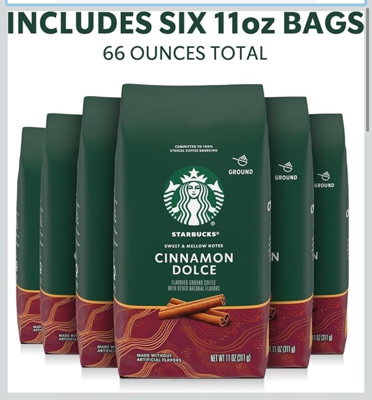 6 Bags (11 Oz Each) Starbucks Cinnamon Dolce Natural Flavored Ground Coffee