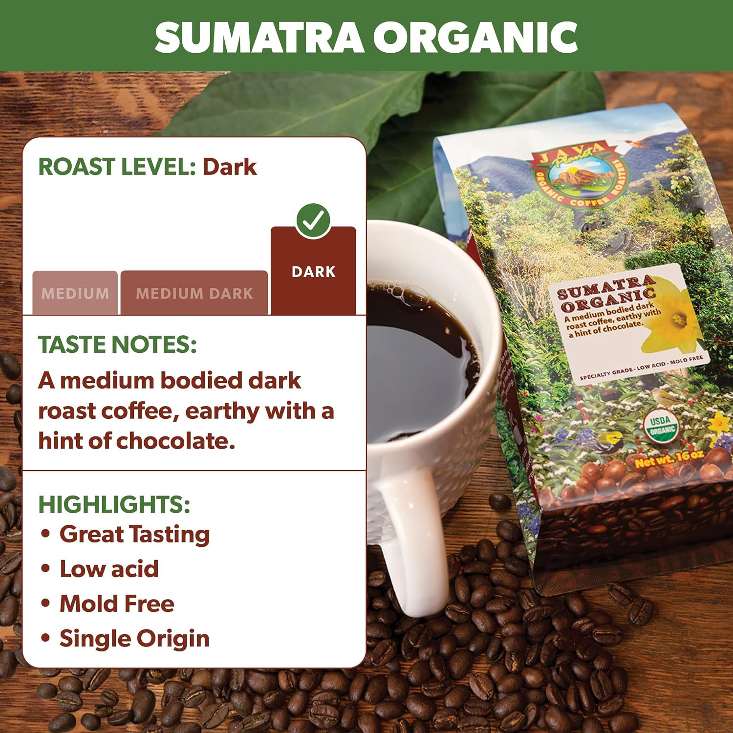 Organic Sumatra Single Origin Dark Roast Whole Bean Coffee, Low Acid, Smooth