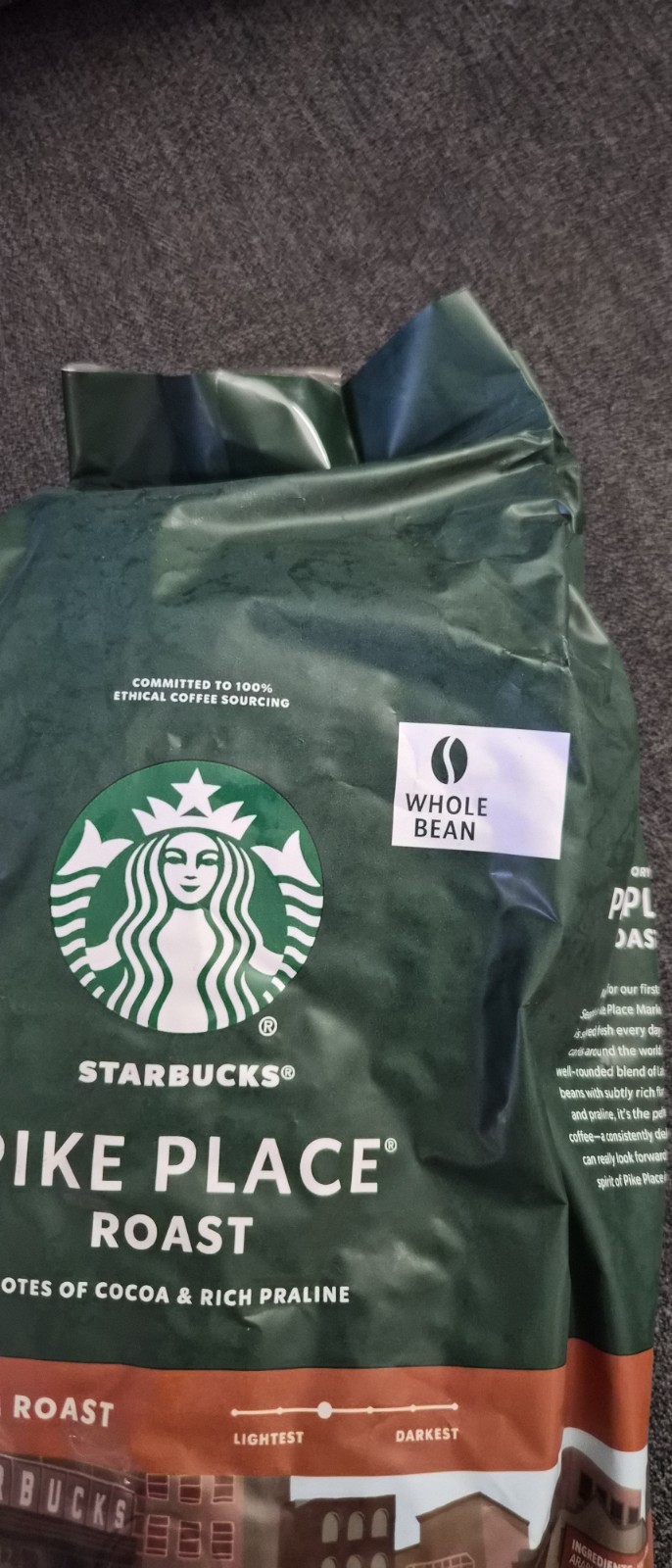 Starbucks Pike Place roast Whole bean Cocoa, rich, praline 28 oz bag air sealed.