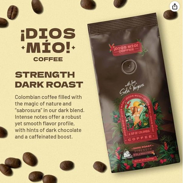 Dios Mio Coffee by Sofia Vergara, Dark Roast, Whole Bean Premium Colombian Coffe