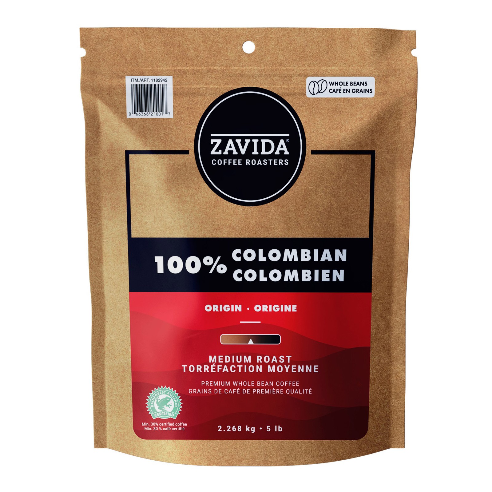 Zavida 100% Colombian Premium Whole Bean Coffee, 2.268 kg