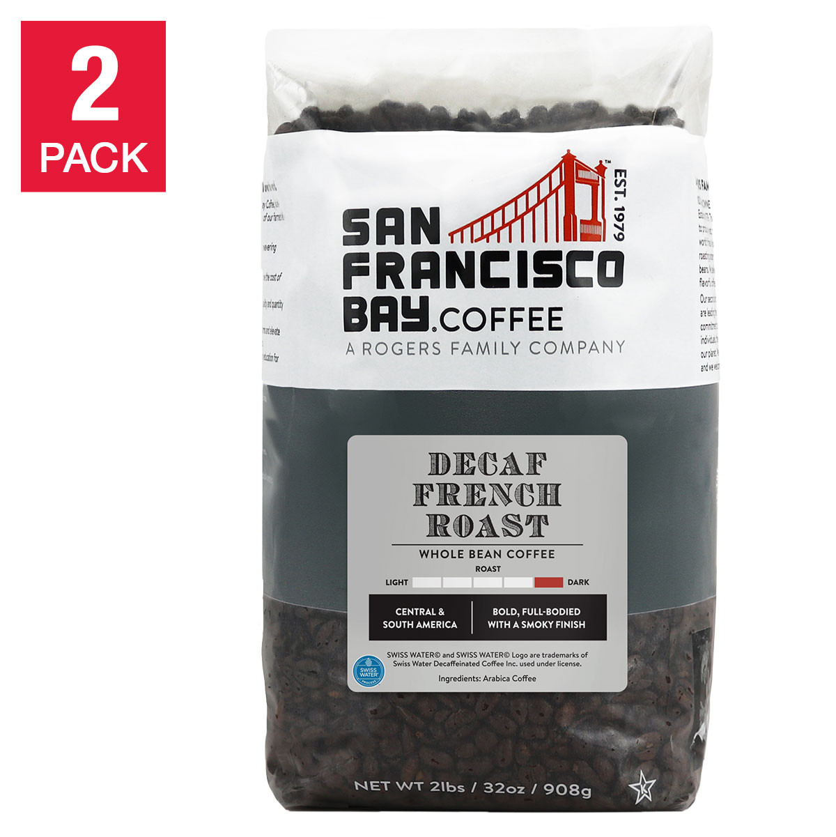 San Francisco Bay Decaf French Dark Roast Whole Bean Coffee 2 Lb, 2-Pack