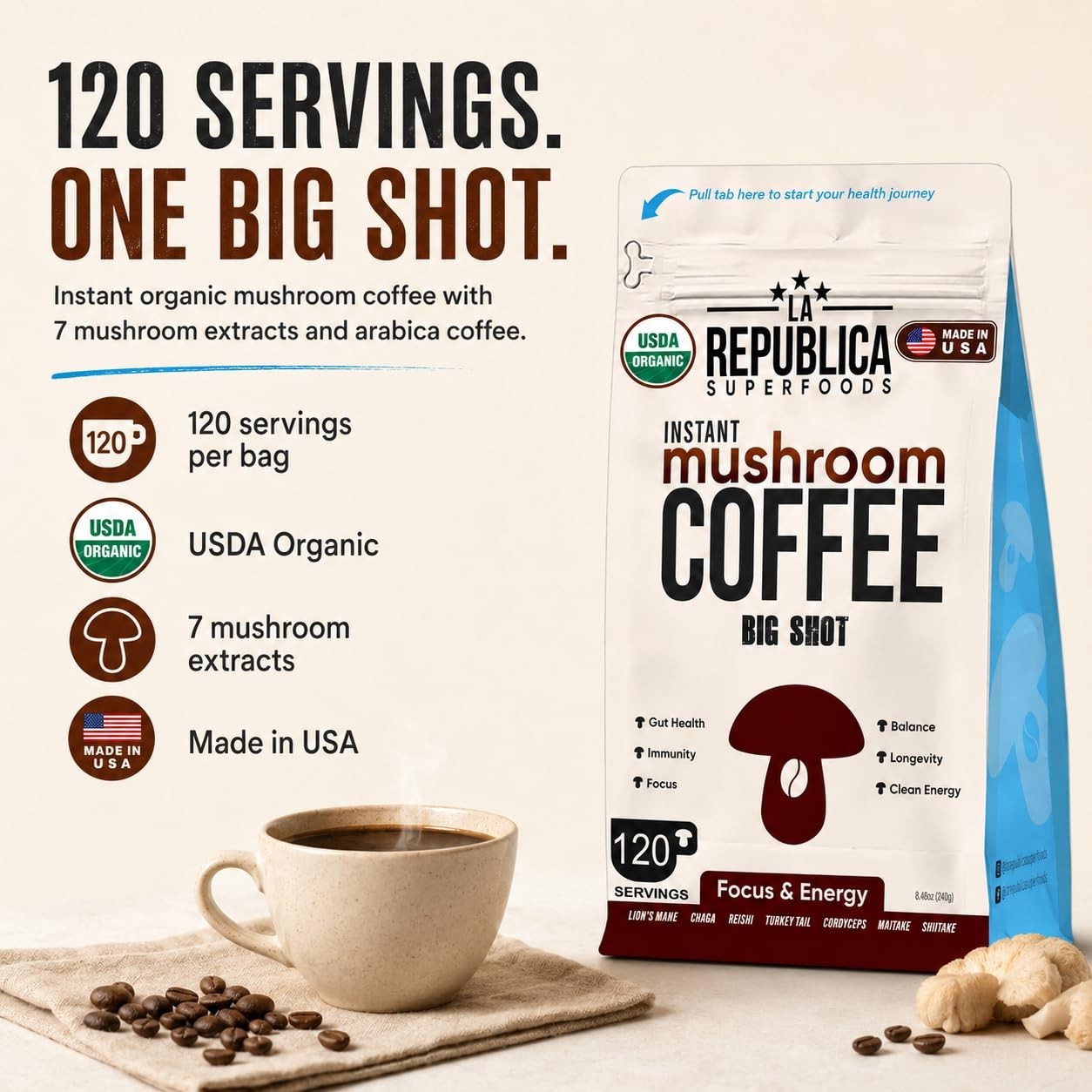 La Republica Instant Mushroom Coffee 120 Servings
