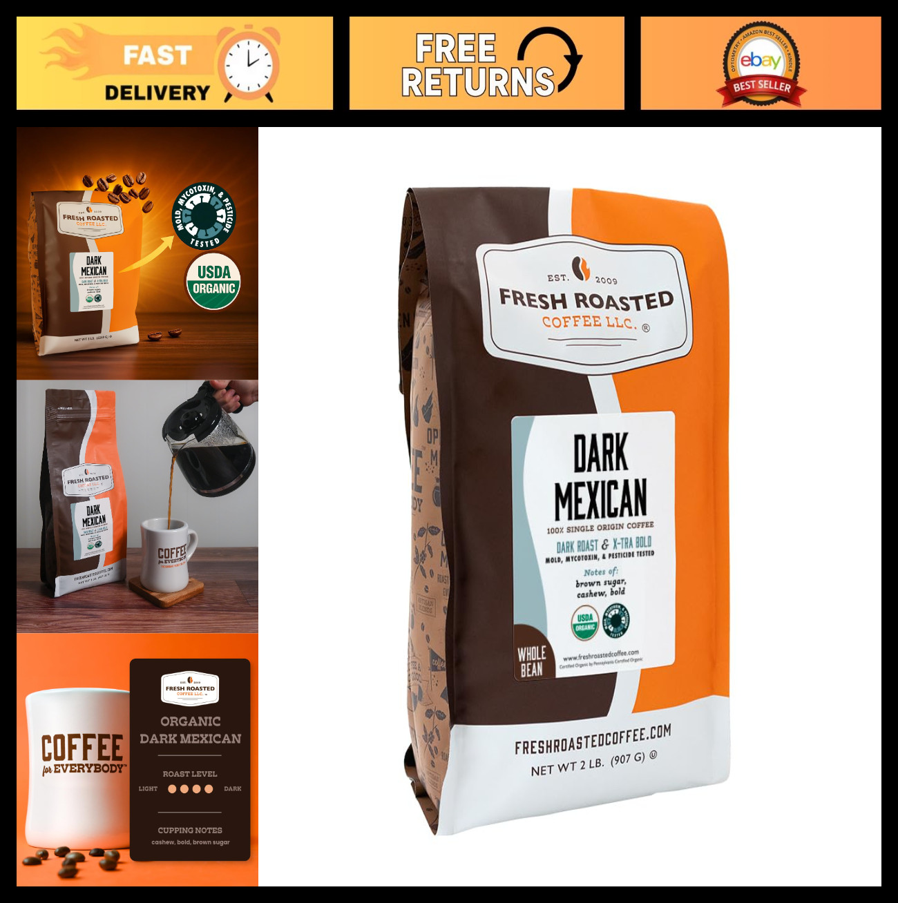Organic Dark Roast Whole Bean Coffee – Fresh Roasted, USDA Certified, 2 lb, Mold