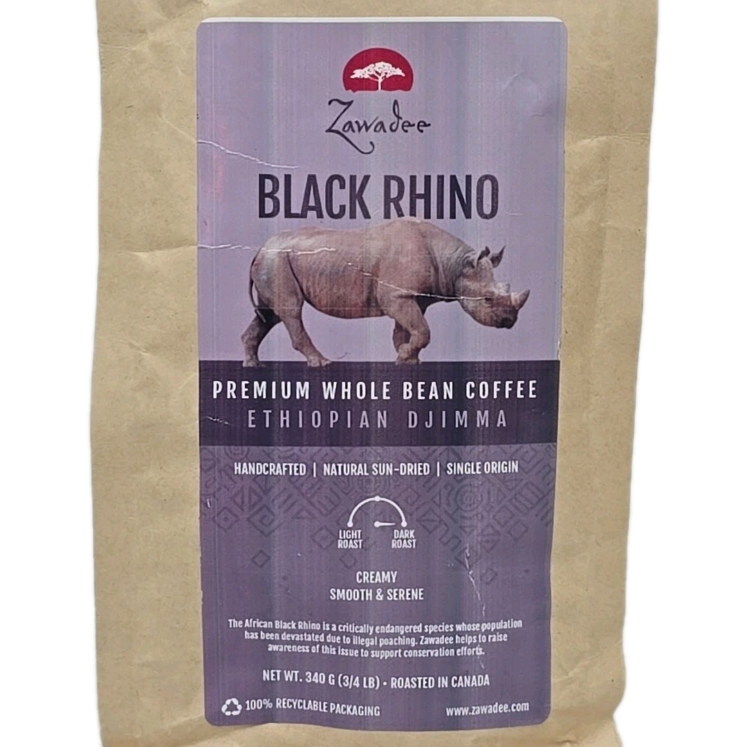 Whole Bean Coffee Black Rhino Ethiopian Djimma 3/4 Lb 340 Grams