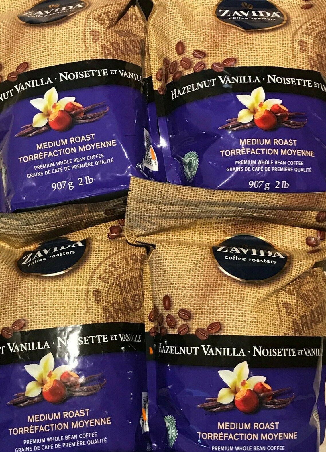 ZAVIDA HAZELNUT VANILLA WHOLE BEAN COFFEE 907g/2 LBS – 4 HUGE BAGS FREE SHIPPING