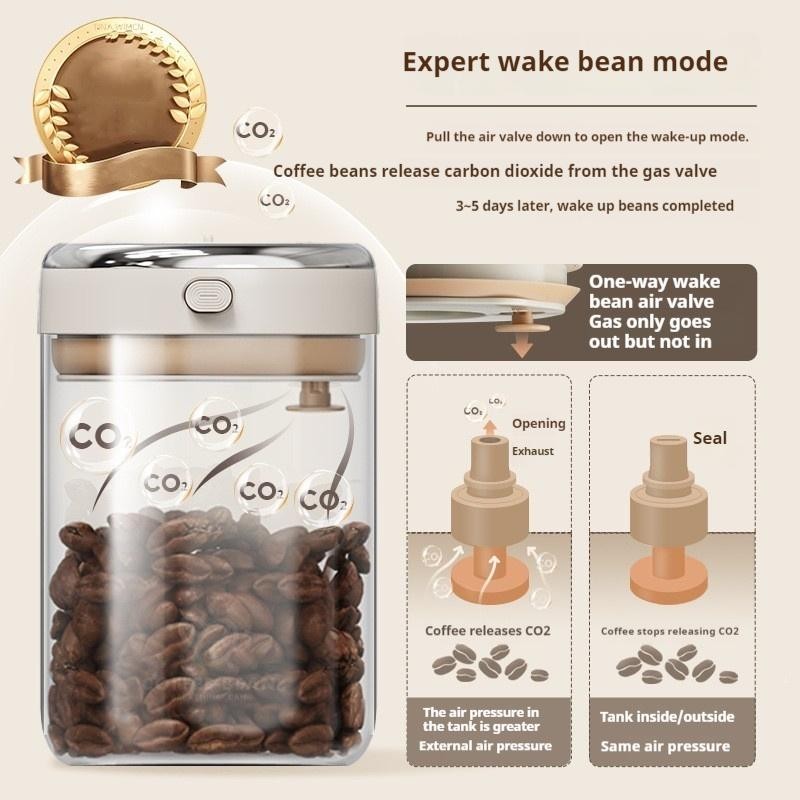 Coffee Bean Sealed Jar with Date Tracker and Waking Bean Valve Vacuum Food Grade