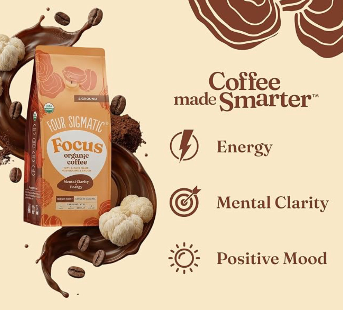 Four Sigmatic Focus USDA Organic Ground Coffee, Dark Roast, 26 Ounce large bag