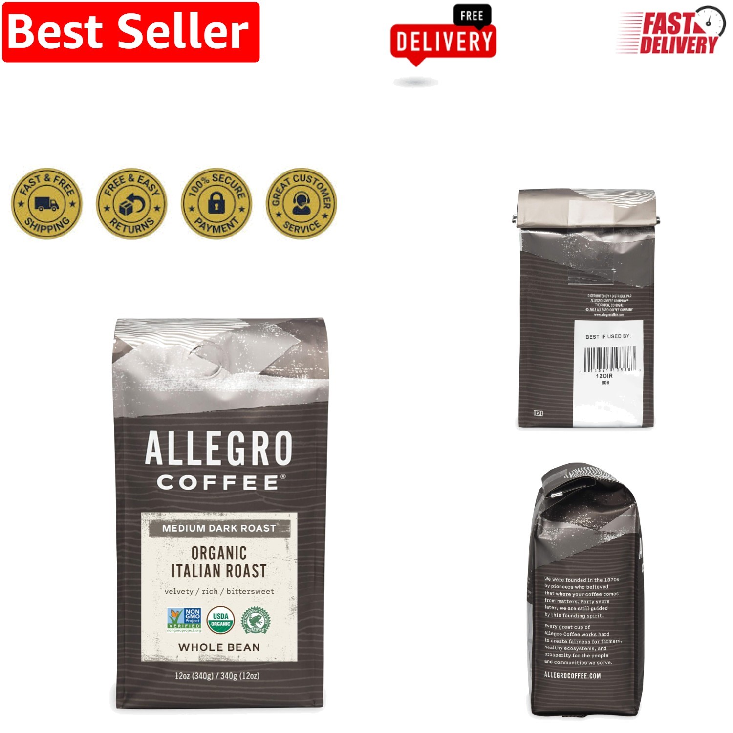 Organic Italian Roast Whole Bean Coffee – Velvety & Rich, 12 oz