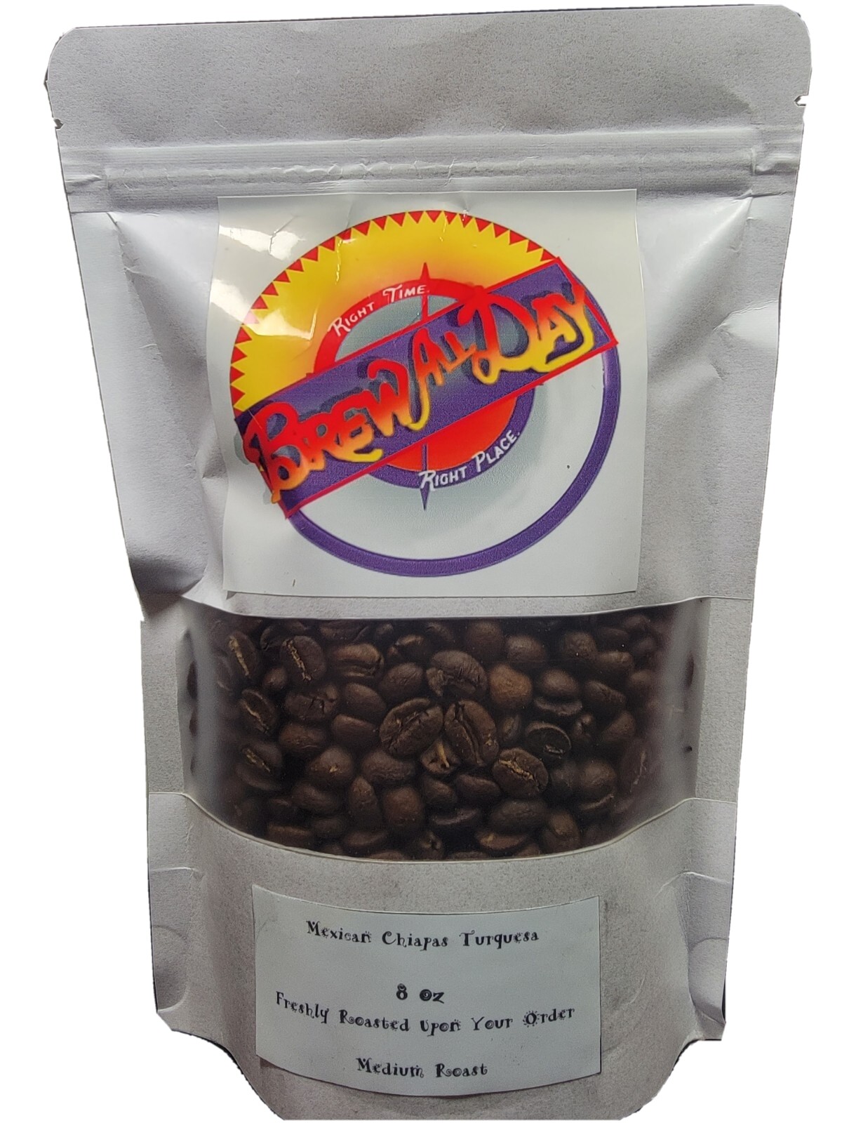 Brew All Day fresh roasted Mexican Chipas Turquesa coffee beans.