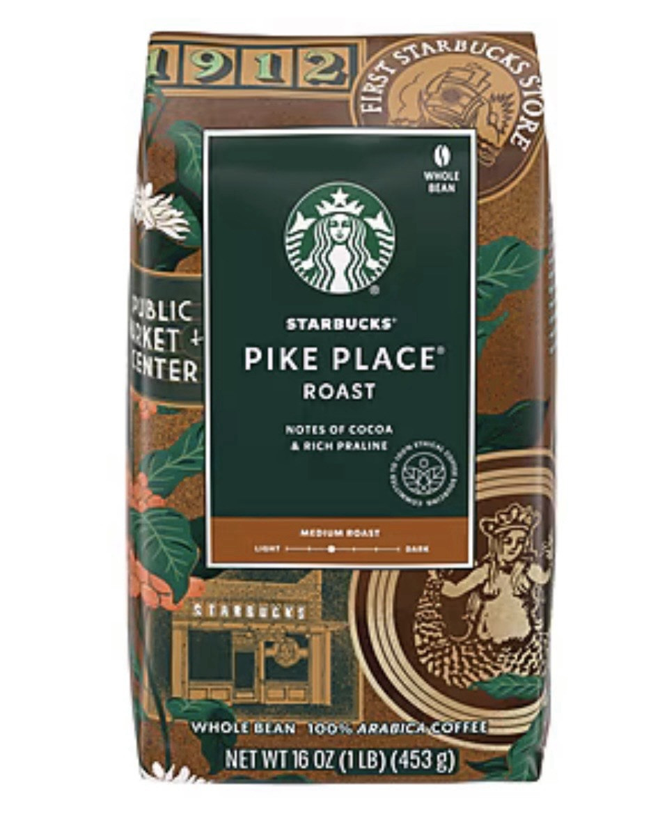 4 pack Starbucks Pike Place Roast Medium Whole Bean Coffee Cocoa Praline 1 lbs