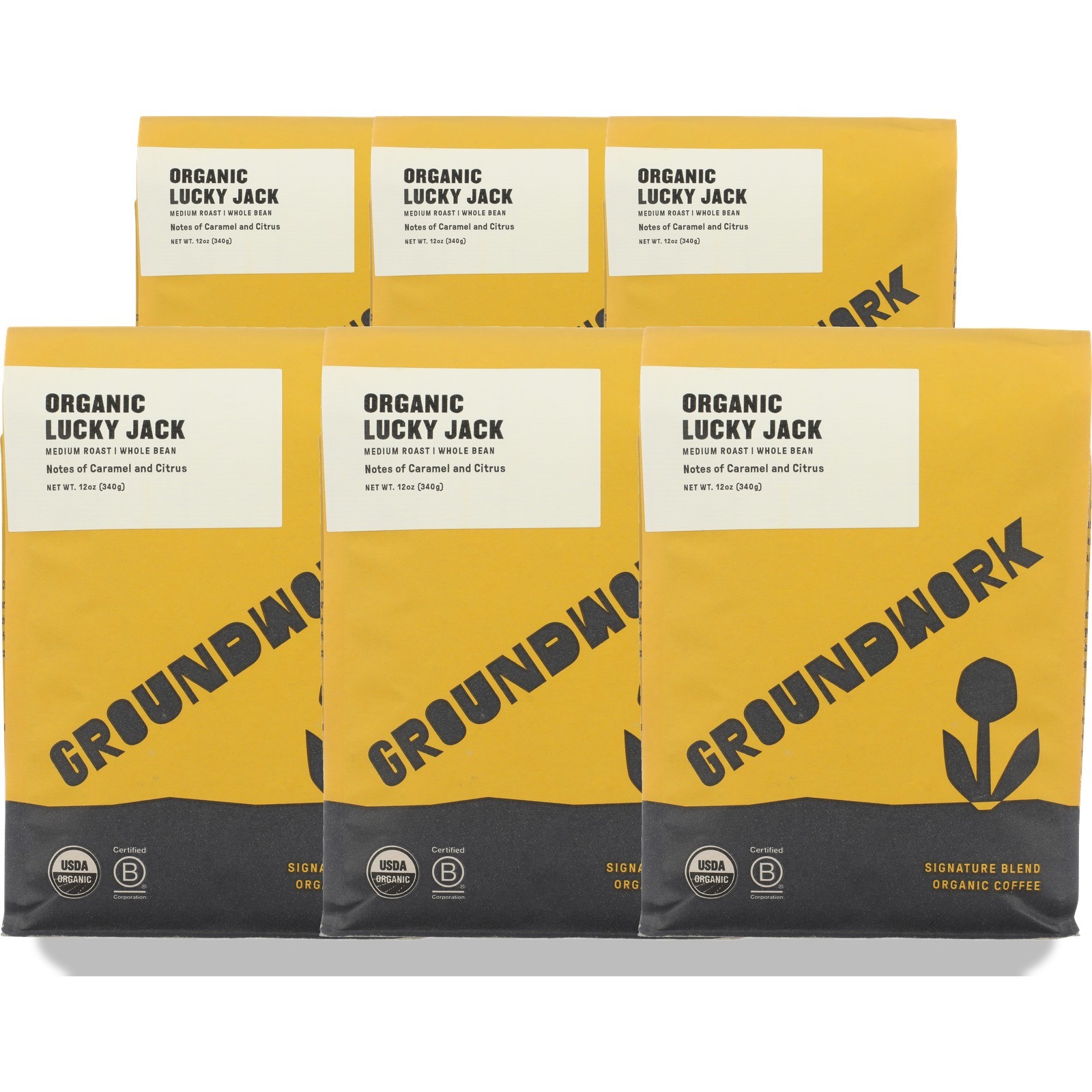 Groundwork Lucky Jack Medium Roast Organic Whole Bean Coffee 12 Oz 6 Pack