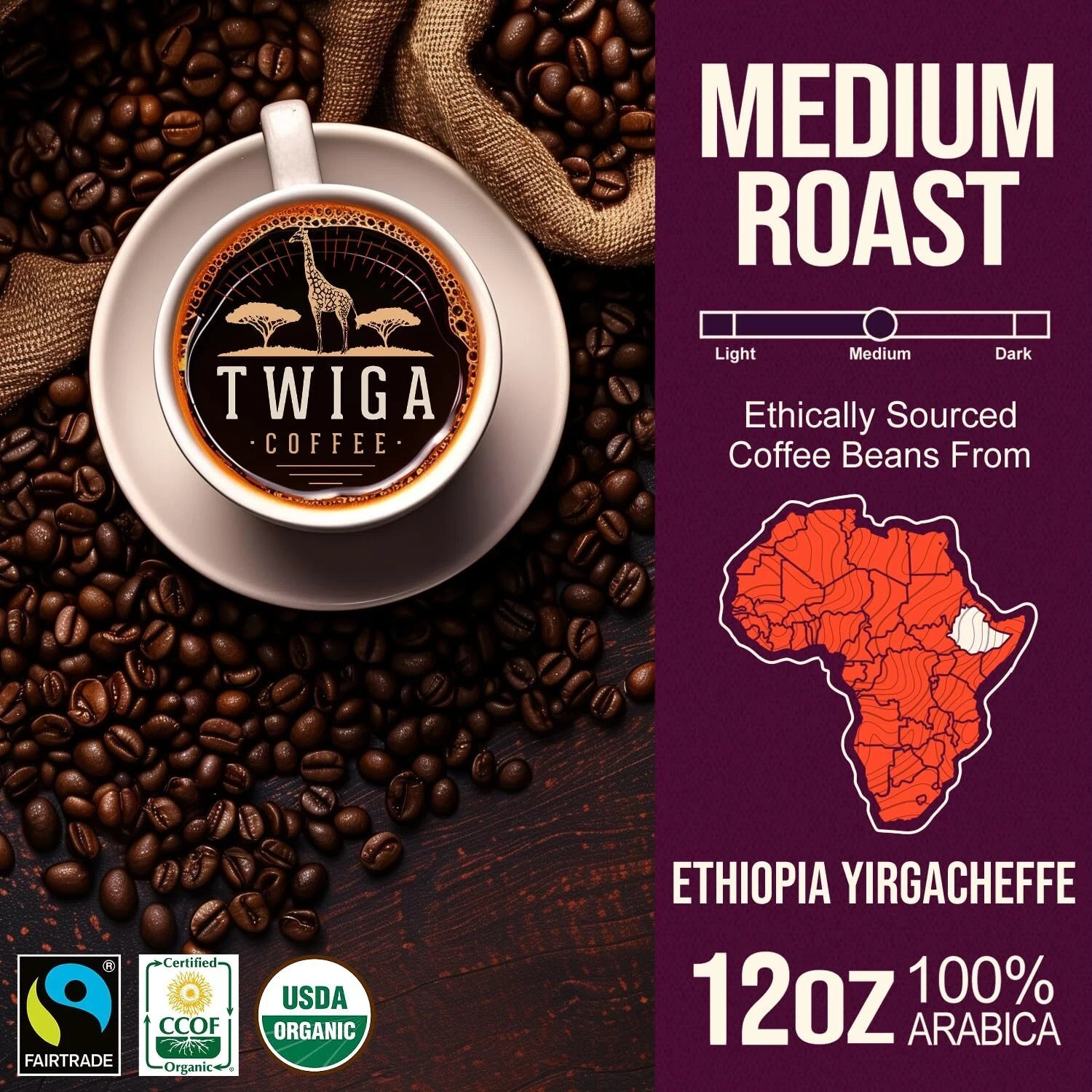 Twiga Ethiopian Yirgacheffe Coffee Beans – Organic Medium – Best By 06/20/2026
