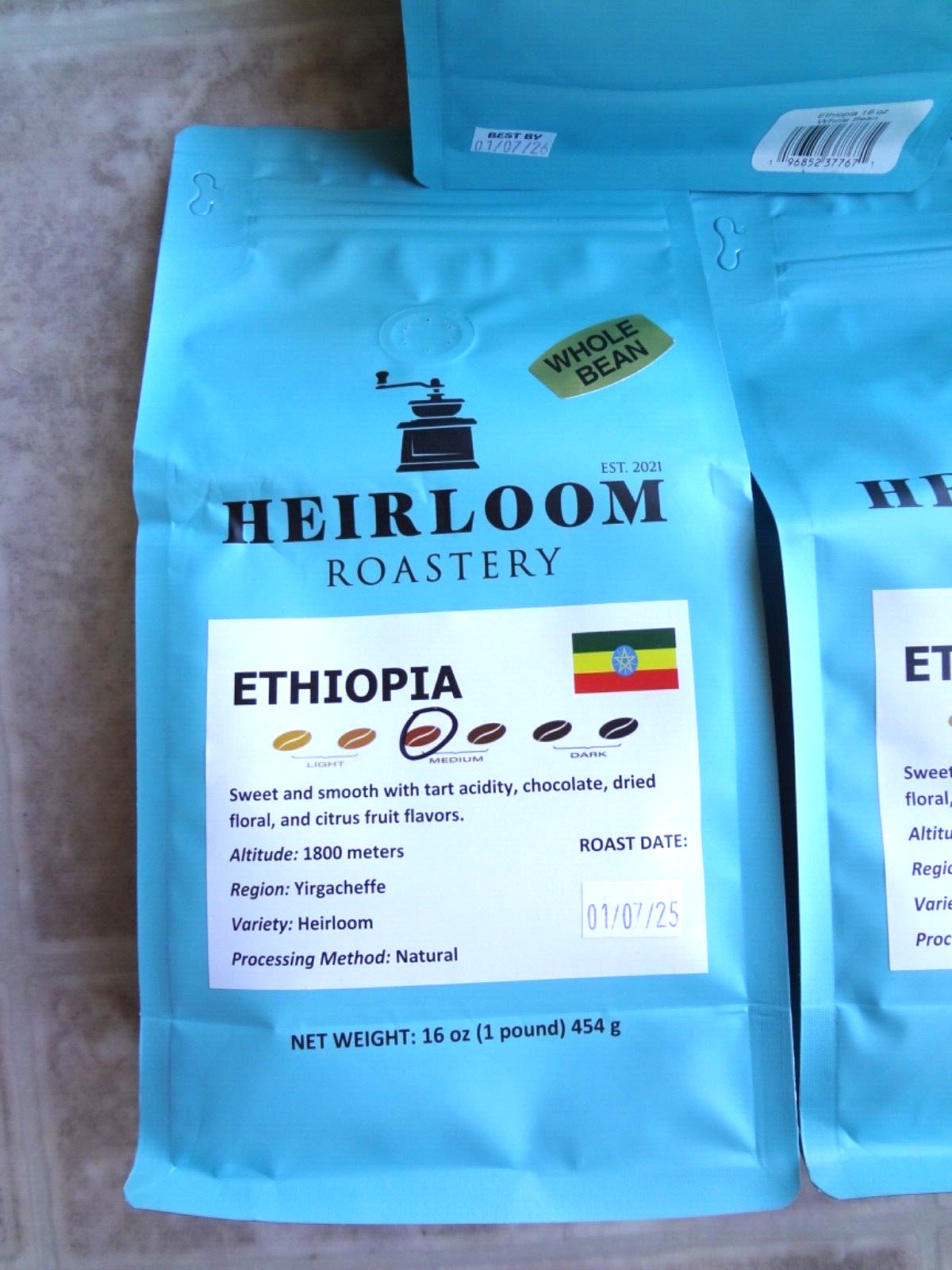 Heirloom Roastery Ethiopia Whole Bean Coffee 16 oz each (Lot of 5)