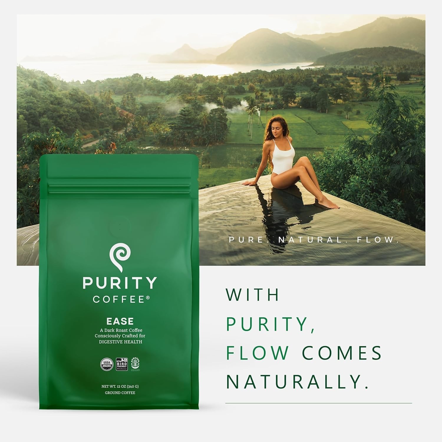 Purity Coffee EASE Low Acid Dark Roast Ground Coffee 12oz USDA Organic Arabica