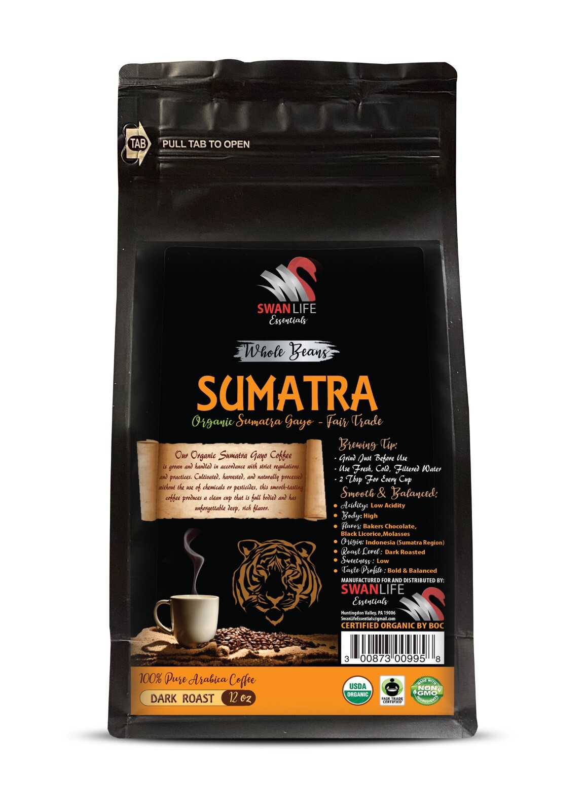 Coffee intense flavor – SUMATRA ORGANIC COFFEE WHOLE BEANS – Dark roasted 1Pack