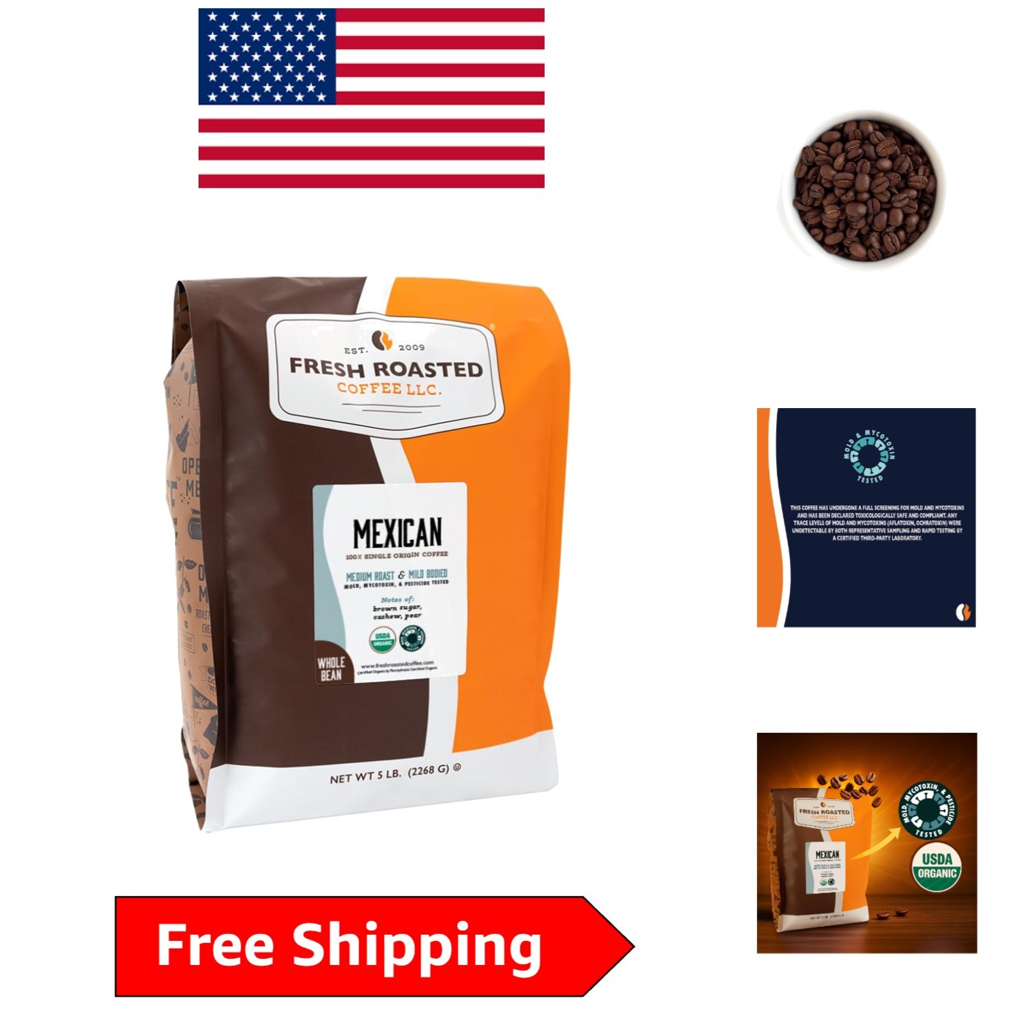 Organic Mexican Whole Bean Coffee, Medium Roast, 80 oz – USDA Certified
