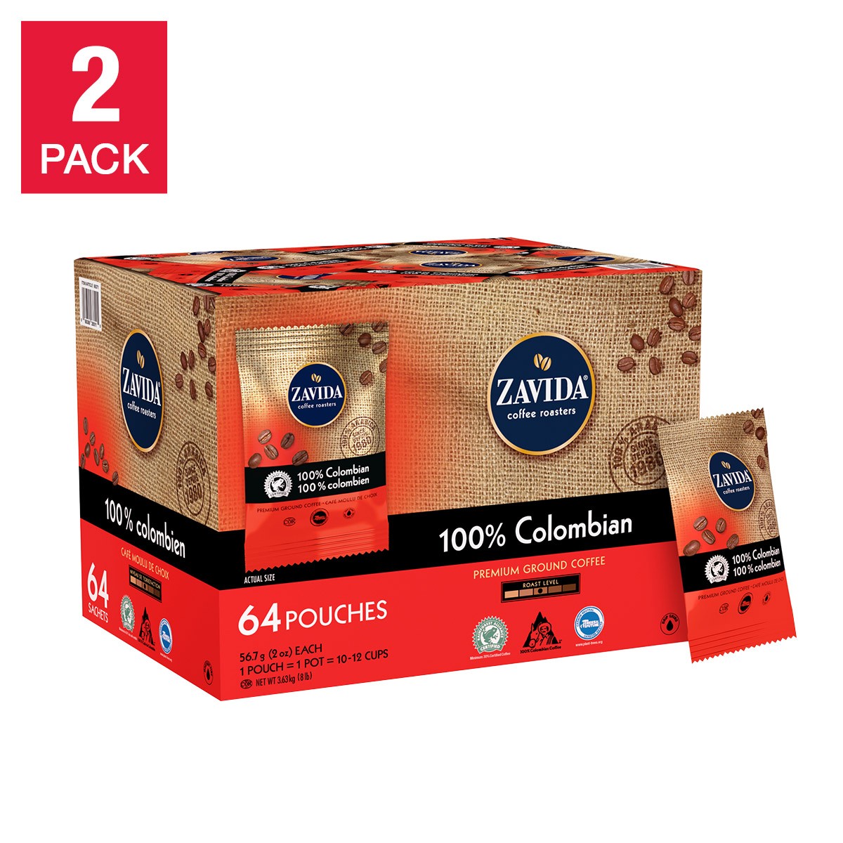 Zavida 100% Colombian Coffee, 56.7 g (2 oz), 128 count