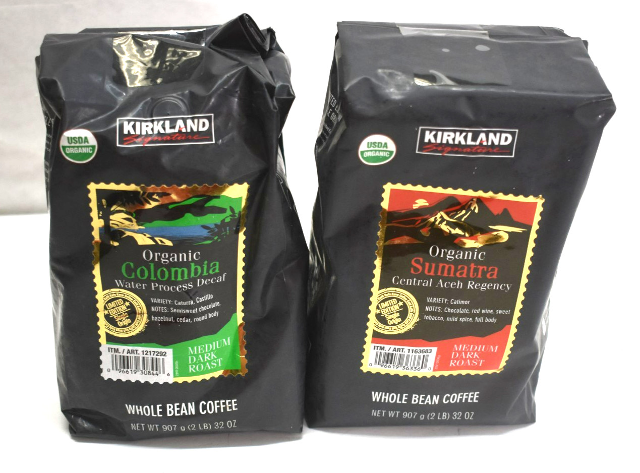 Kirkland Signature Organic Whole Bean Coffee 2 lbs Each Sumatra & Colombia