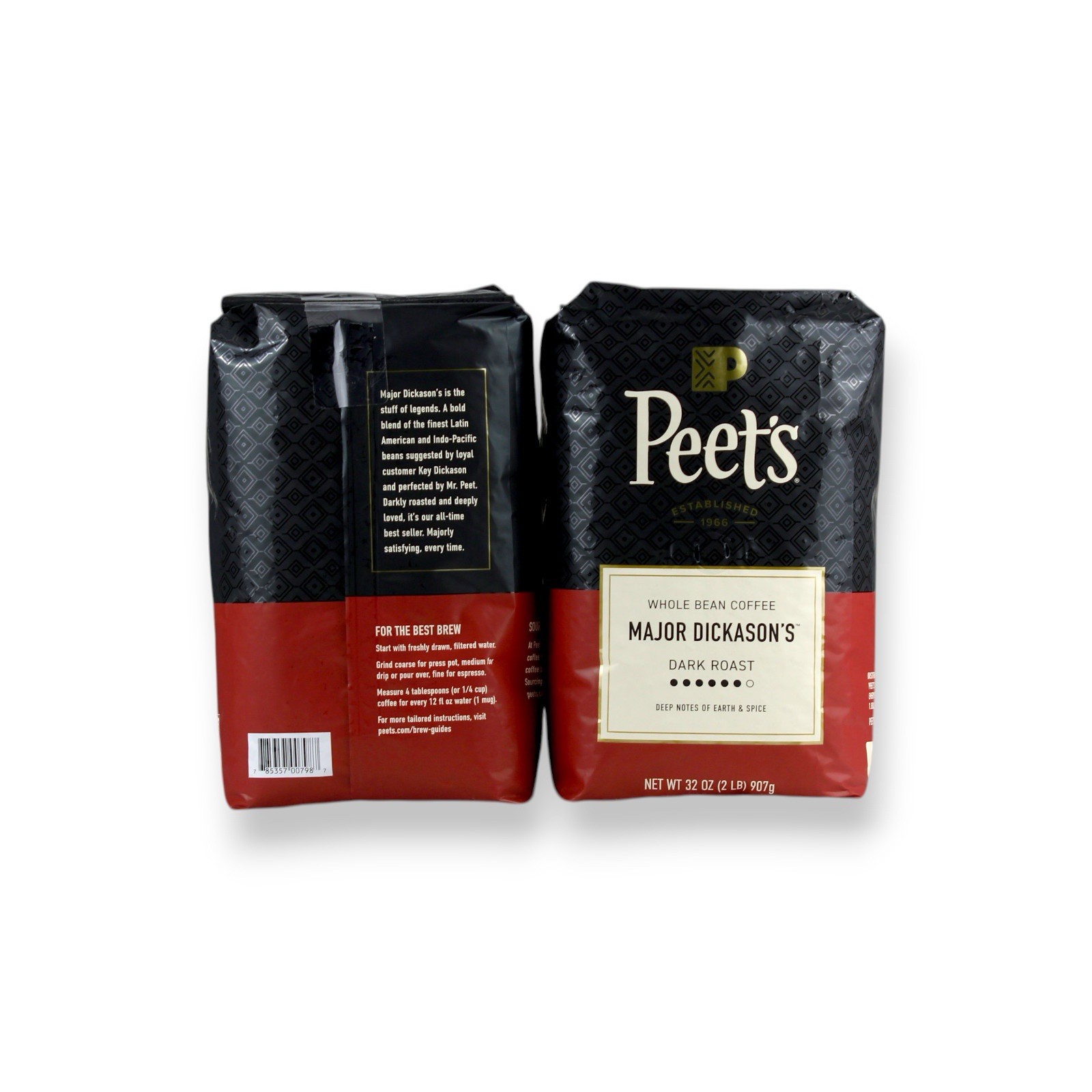 2 Packs Of Peet’s Major Dickason’s Dark Roast Whole Bean Coffee 32 Oz Each