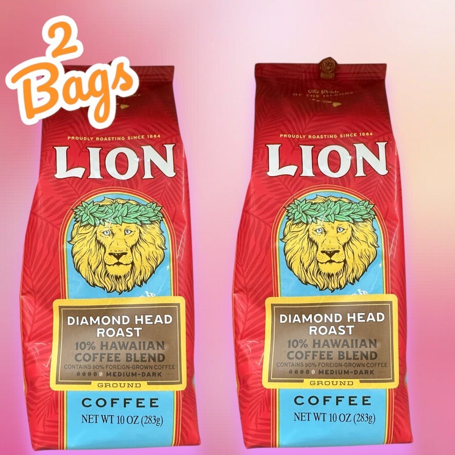2 BAGS HAWAII LION DIAMOND HEAD ROAST 10% HAWAIIAN COFFEE BLEND GROUND COFFEE