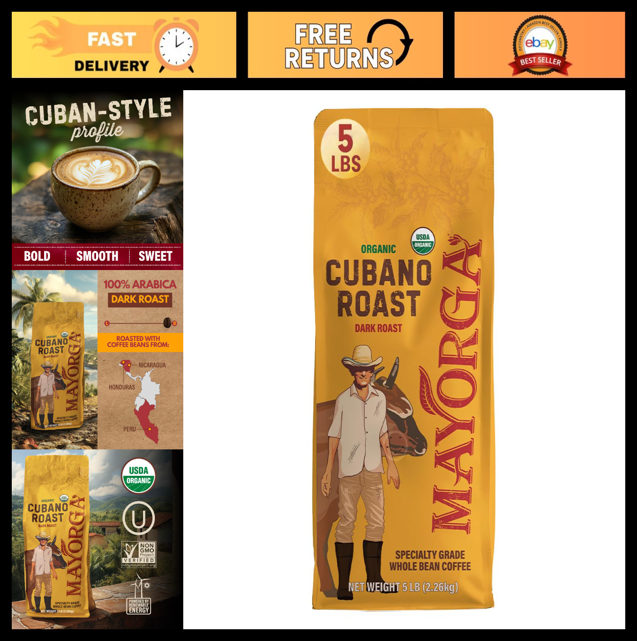 Dark Roast Coffee 5lb Bag – 100% Arabica Whole Beans, Smooth Organic, Non-GMO, S