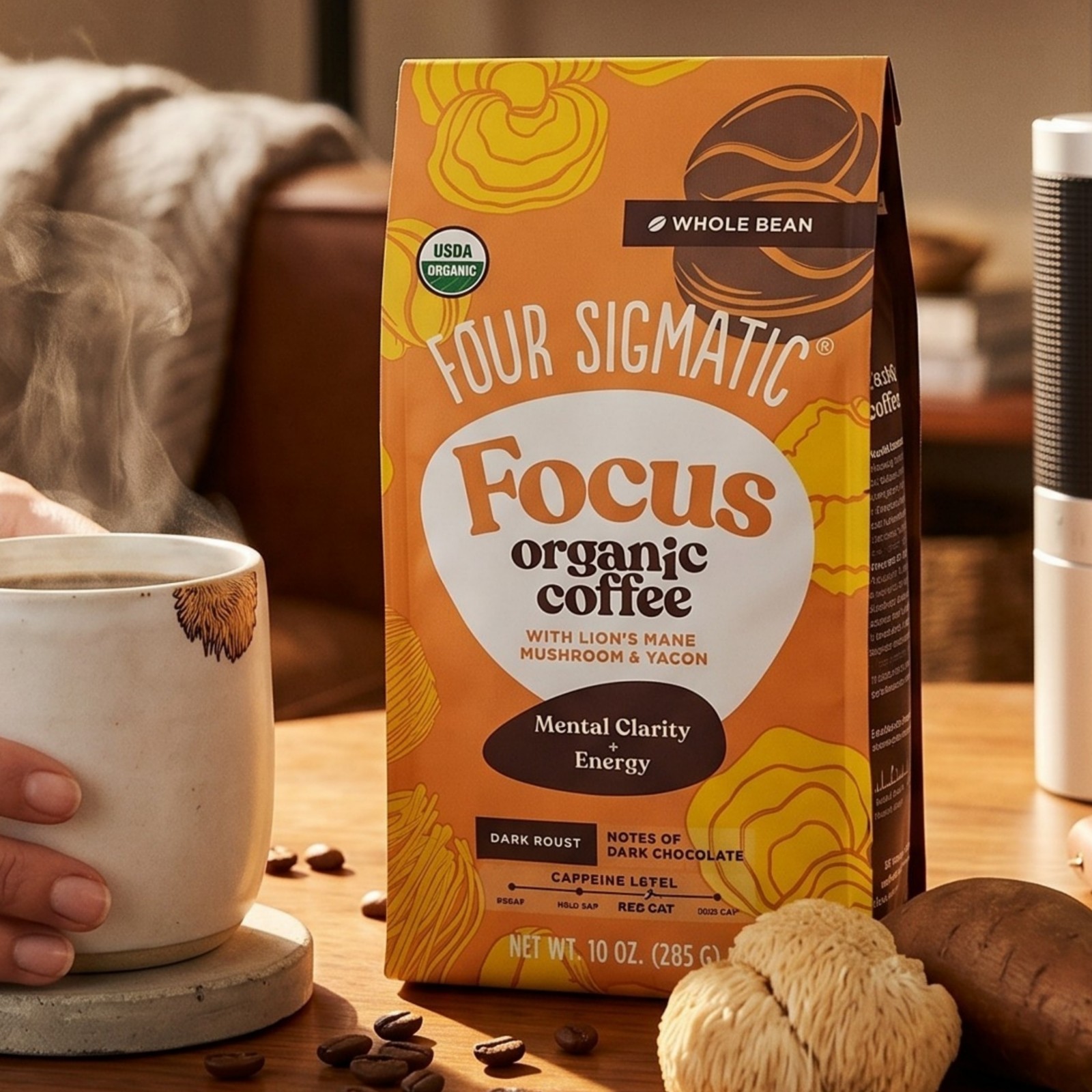 Four Sigmatic Focus Mushroom Whole Bean Coffee, Dark Roast 10oz