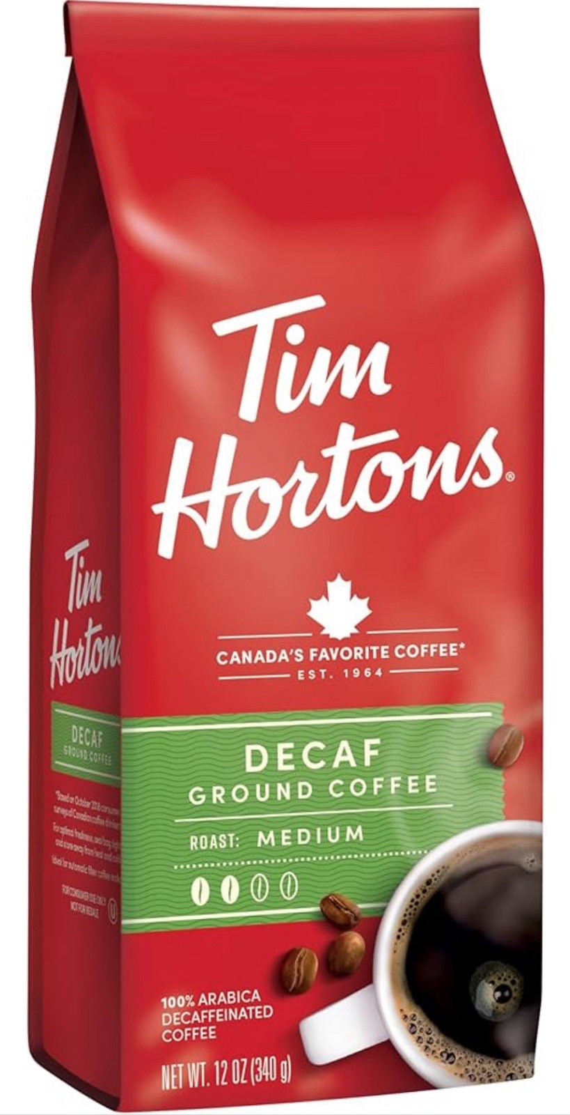 Tim Hortons Decaf Medium Roast 100% Arabica Canada’s Favorite Ground Coffee 12oz