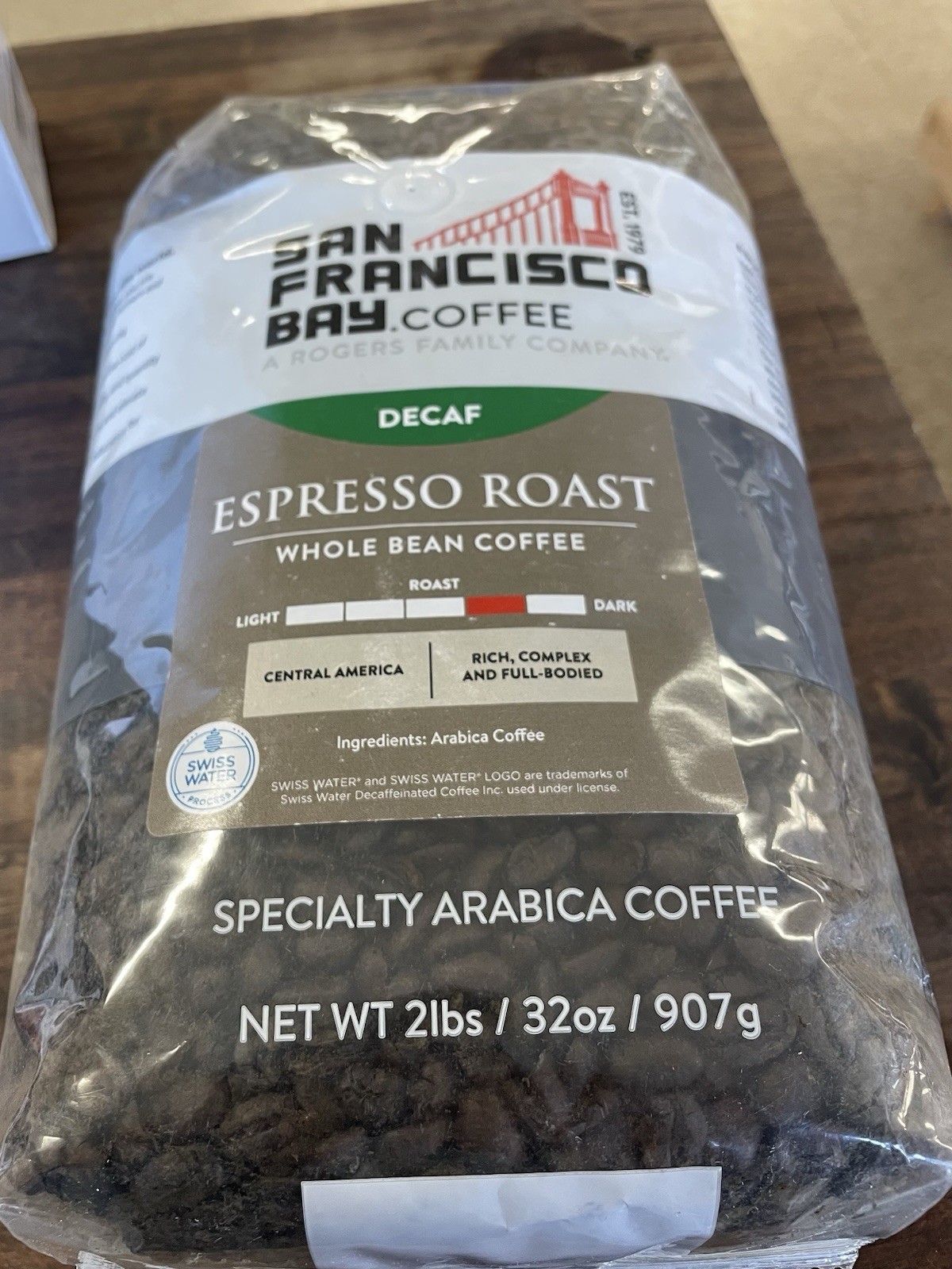 San Francisco Bay Coffee Decaf Espresso Roast Whole Bean Swiss Water 907g