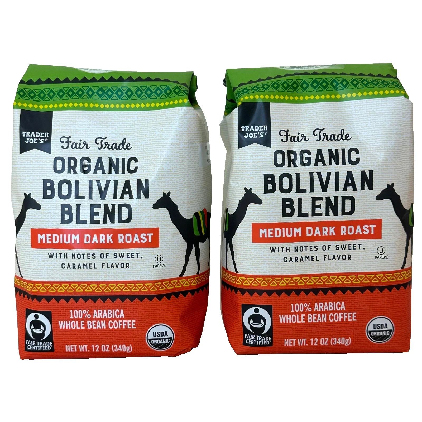 2 Packs Trader Joe’s Organic Fair Trade Bolivian Blend Bean Coffee 12 oz Each