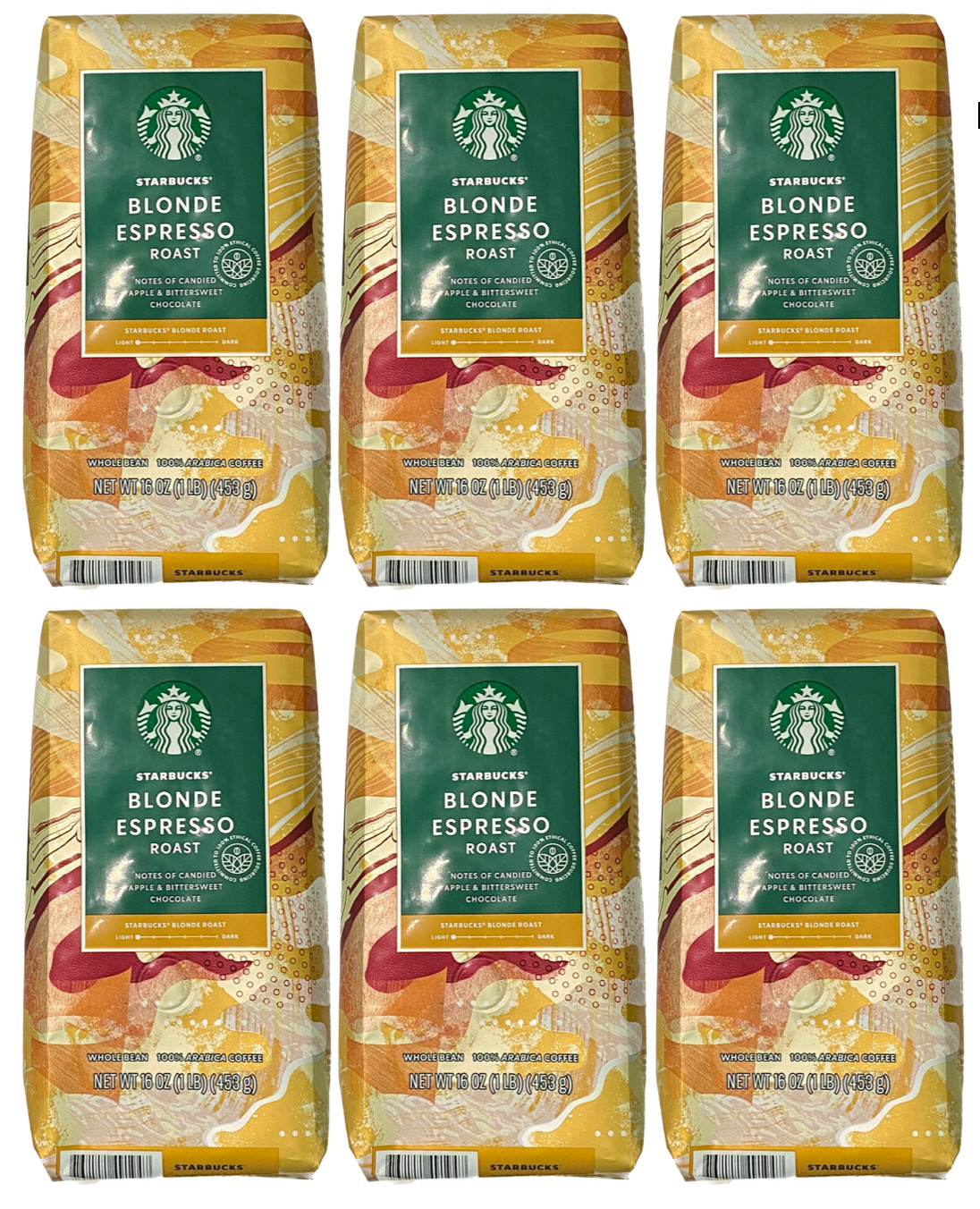 SIX Starbucks Blonde Espresso Whole Bean Coffee 1lb 16oz 453g Bag Light Roast