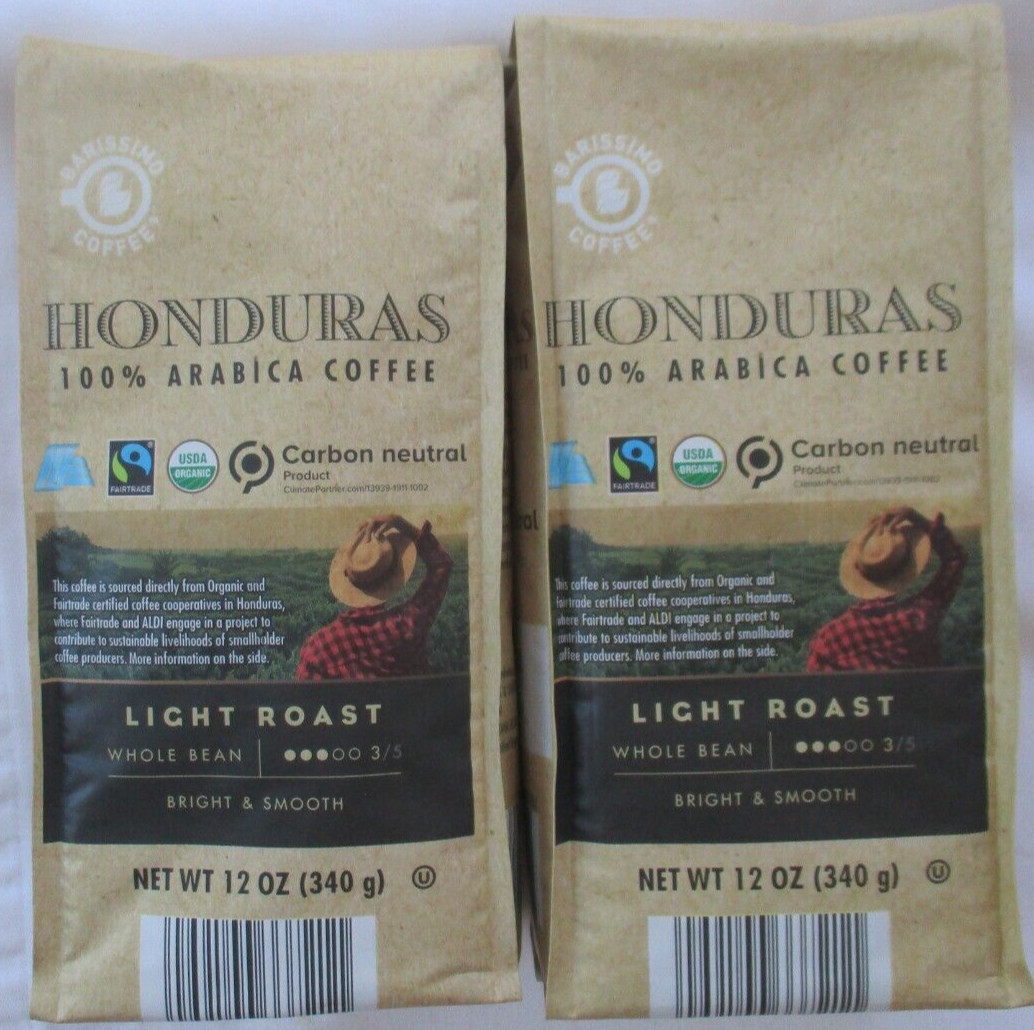 2 BARISSIMO HONDURAS LIGHT ROAST WHOLE BEAN COFFEE 12-OZ BAGS