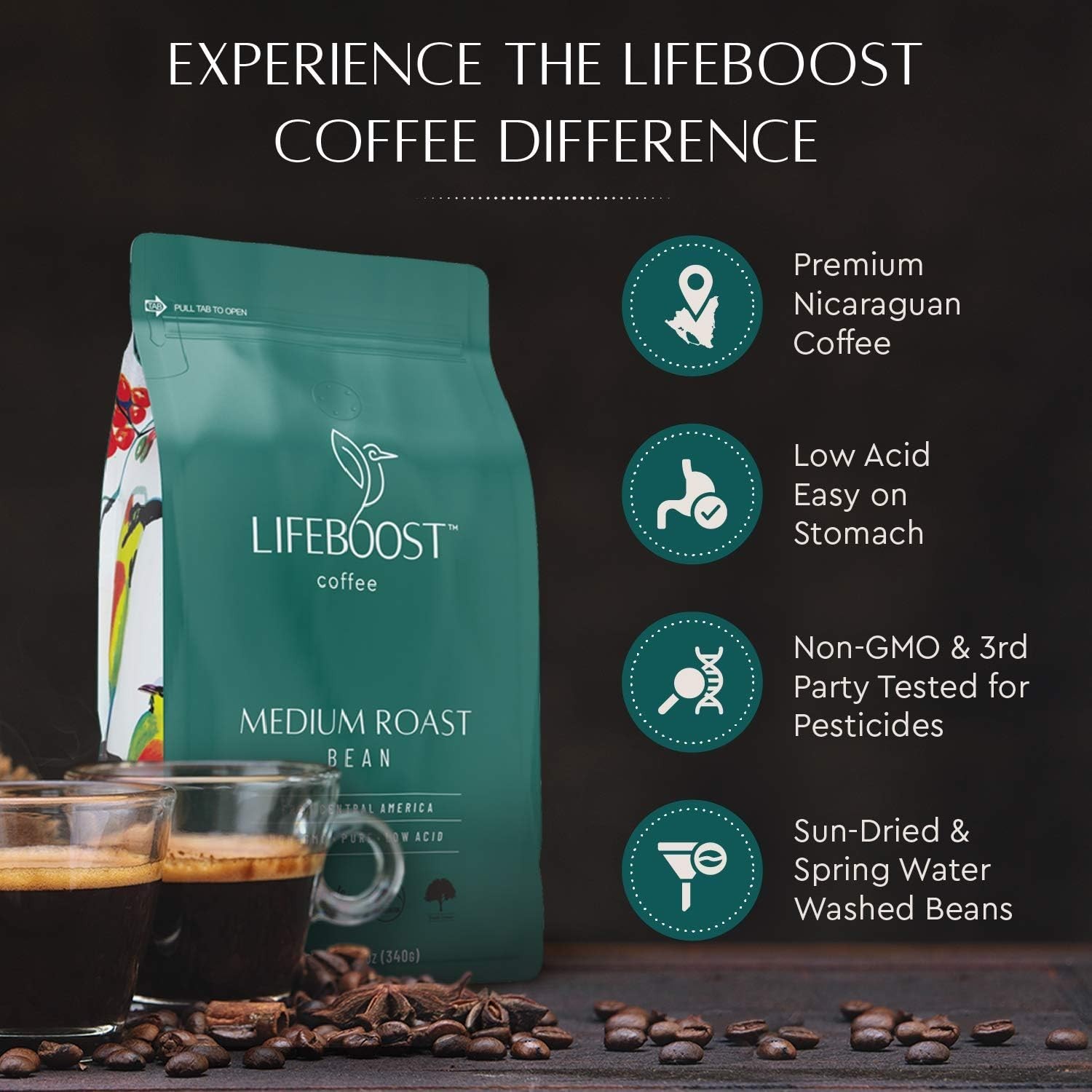 Lifeboost Organic Coffee Beans Medium Roast Low Acid Whole Bean Coffee 12 oz USA
