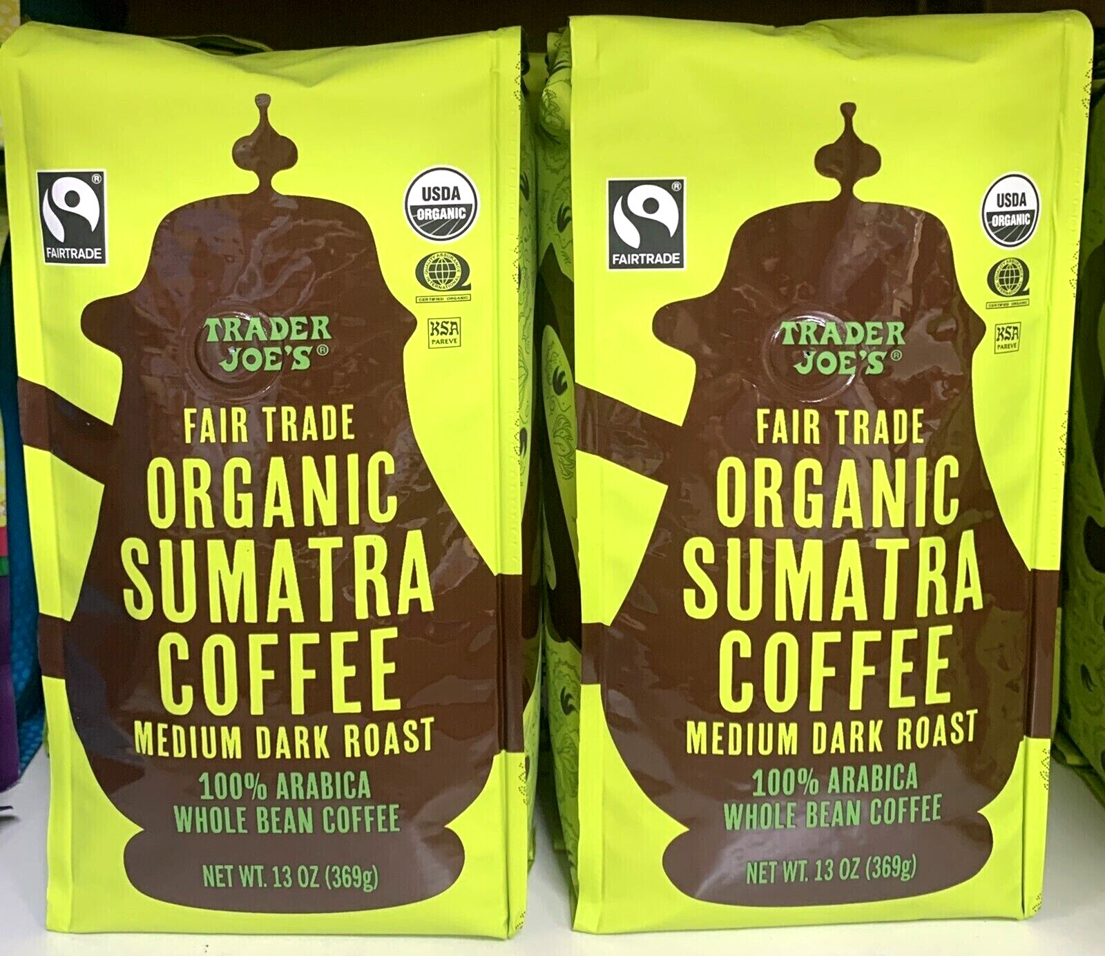 2 Packs Trader Joe’s Organic Fair Trade Sumatra Whole Bean Coffee 13oz Each Pack