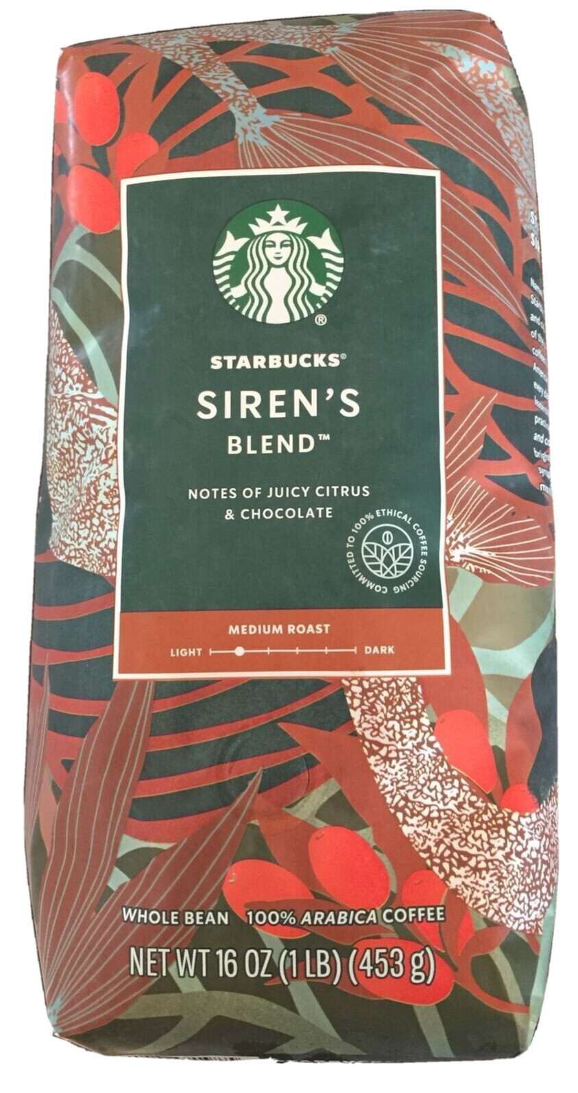 Starbucks Siren’s Blend Medium Roast Whole Bean Coffee 1lb / 16oz / 453g Bag