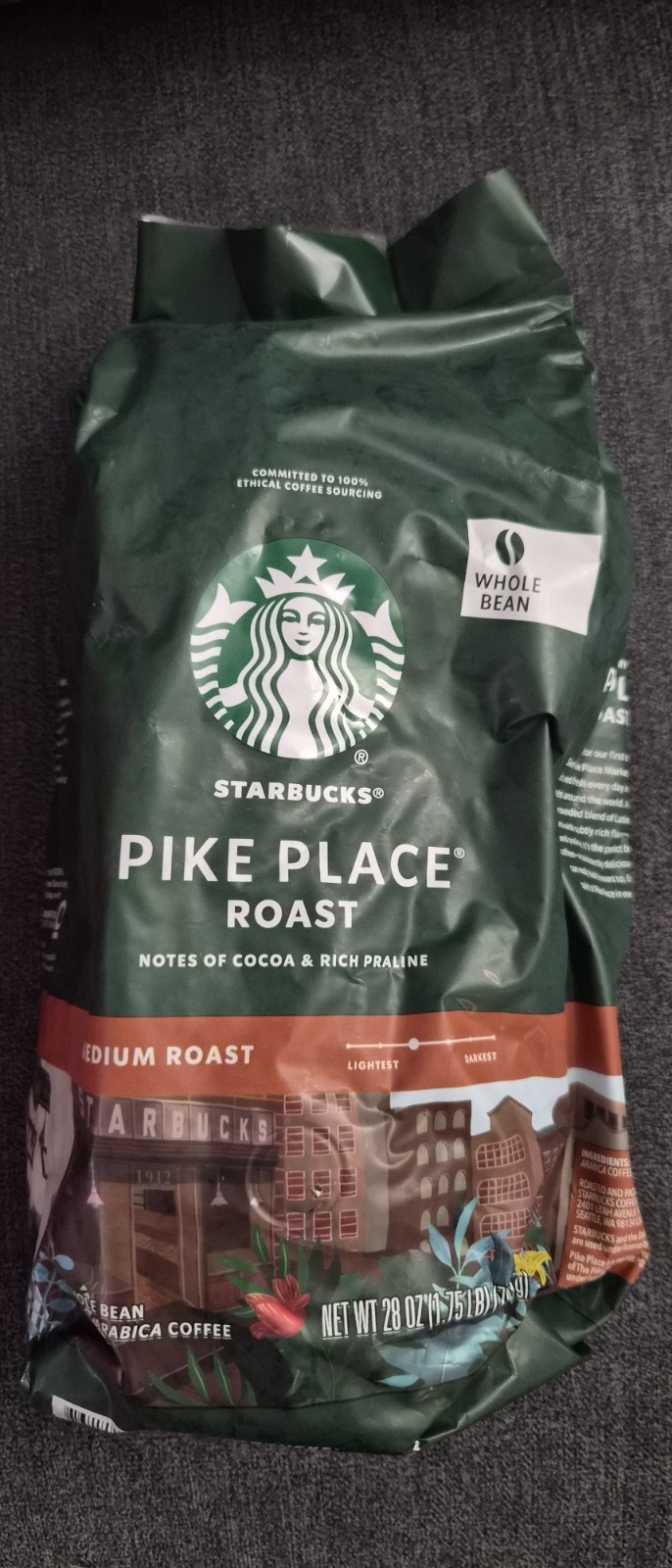Starbucks Pike Place roast Whole bean Cocoa, rich, praline 28 oz bag air sealed.