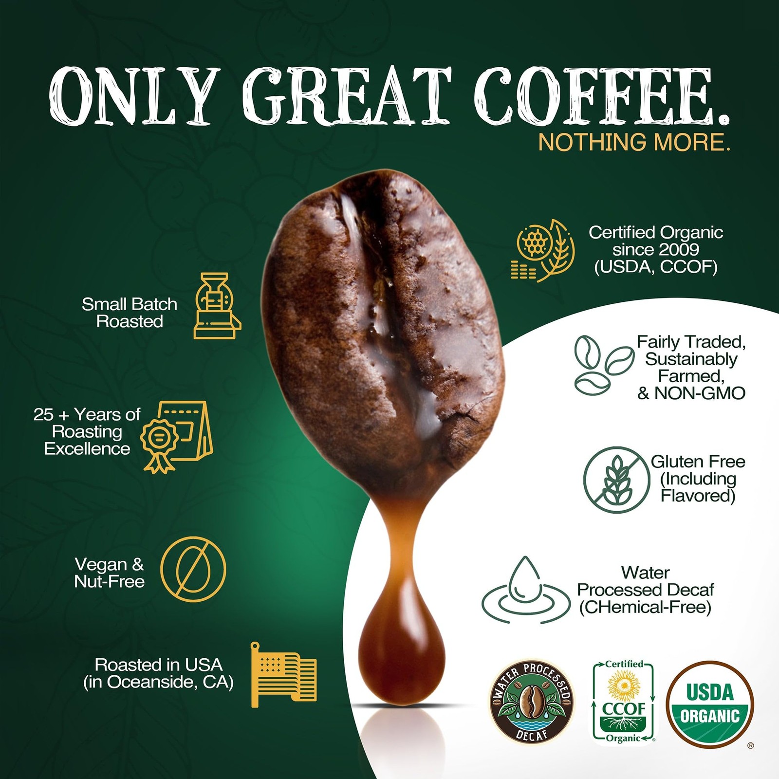 Organic Coffee Half-Caff 50/50 French Roast, Whole Bean, 16 Oz – Bold Flavor