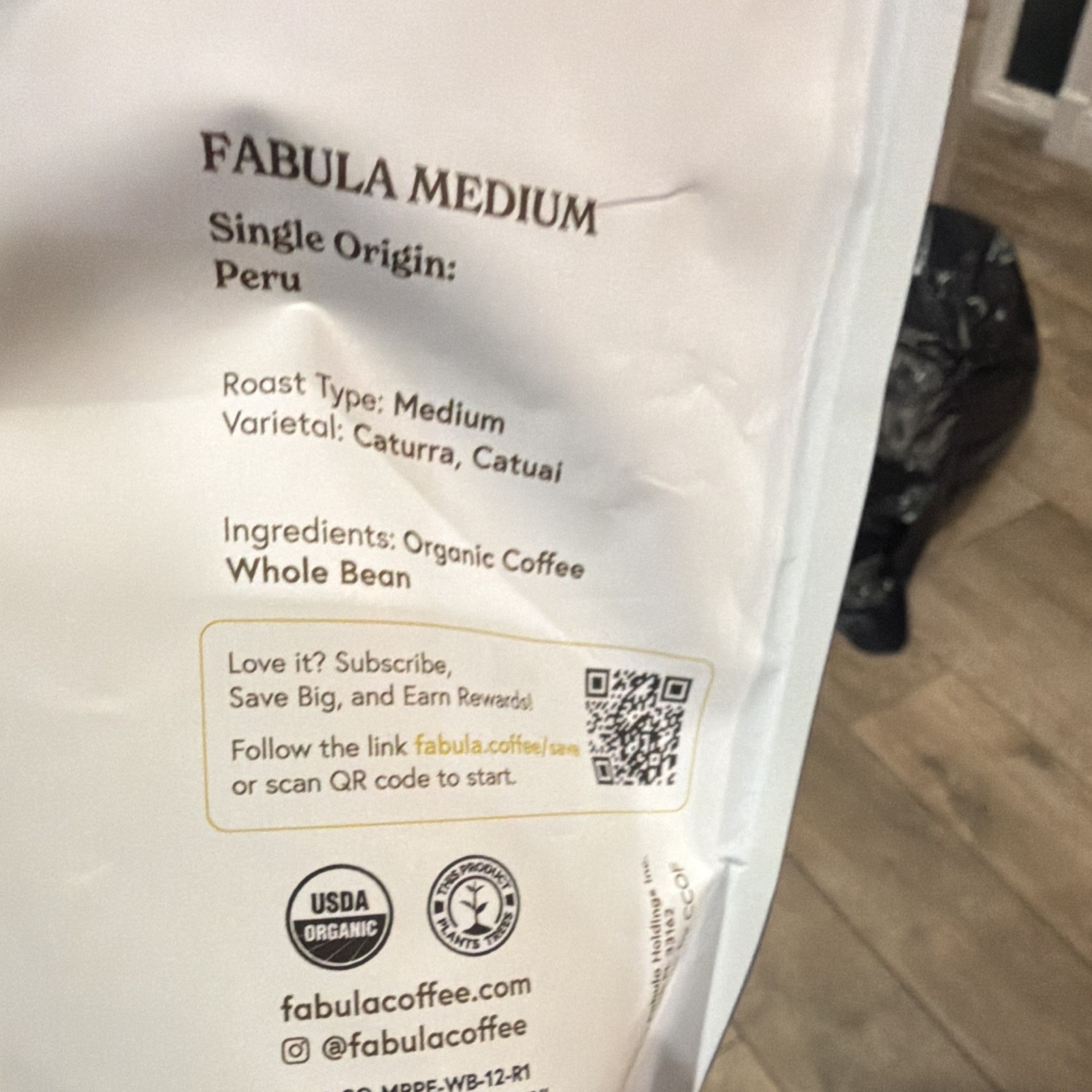 Fabula Medium Roast Whole Bean Coffee, Peru Single Origin USDA Organic 12 oz